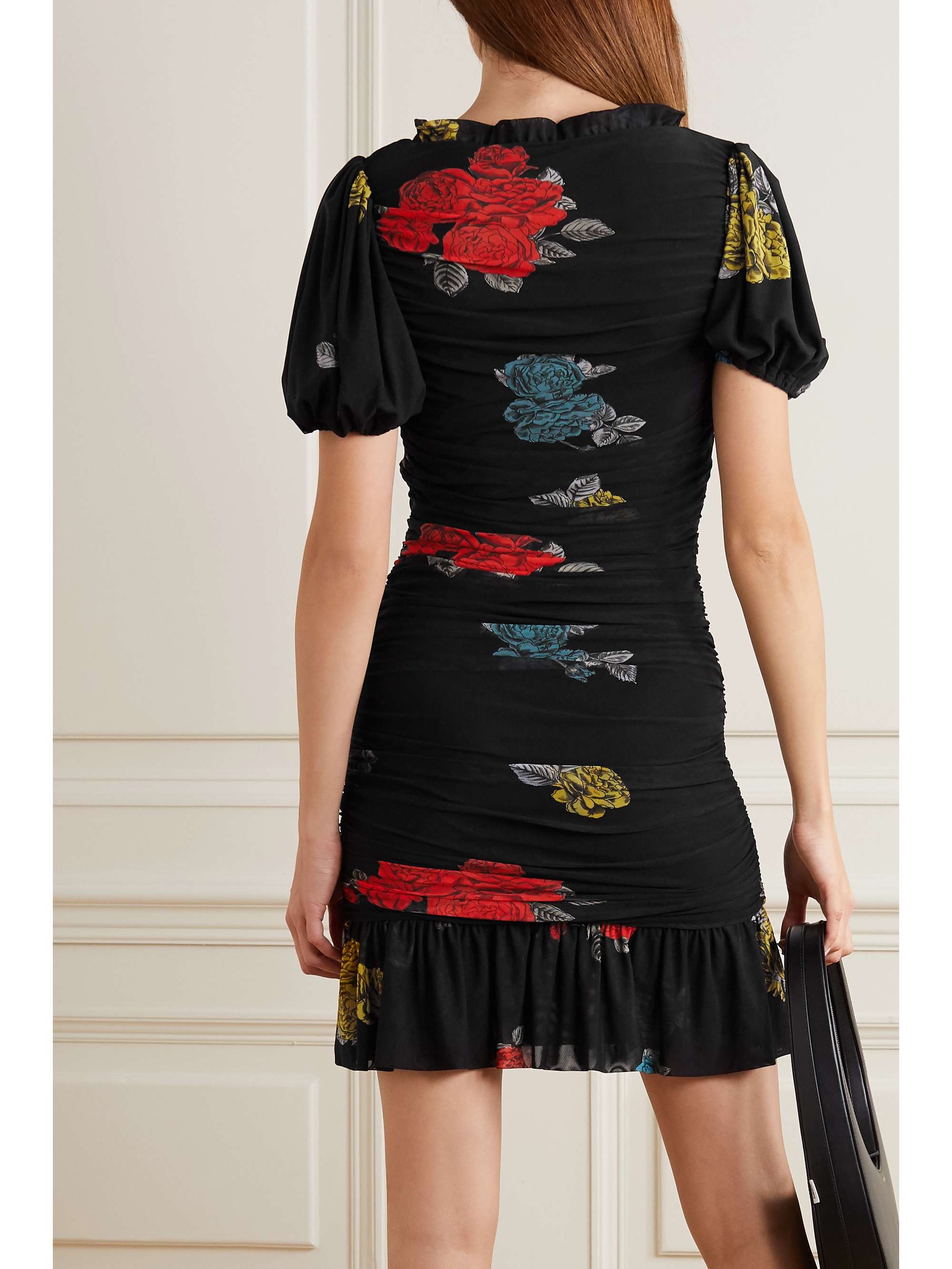 GANNI Ruffled ruched floral-print mesh mini dress