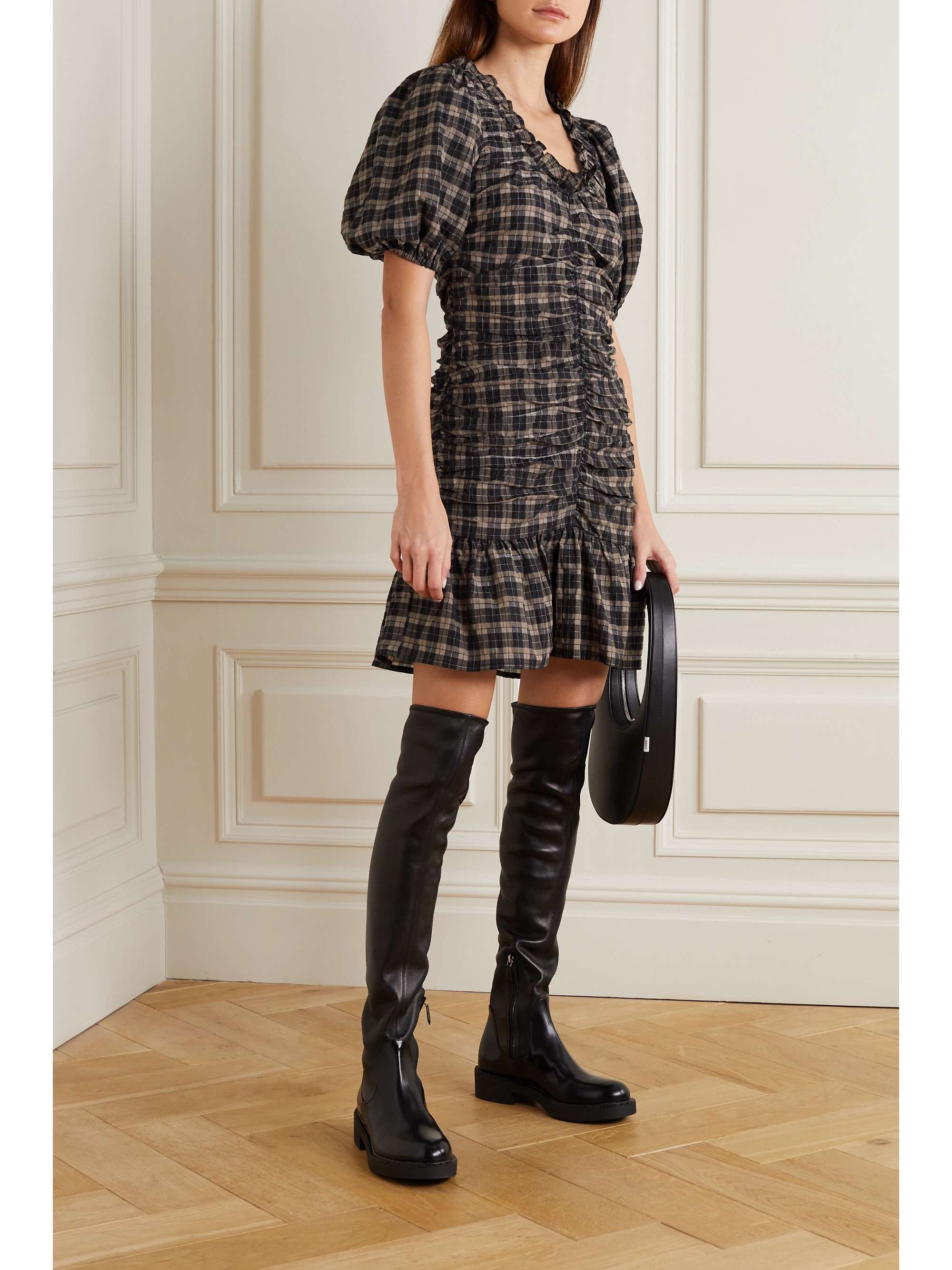 ganni seersucker check mini dress