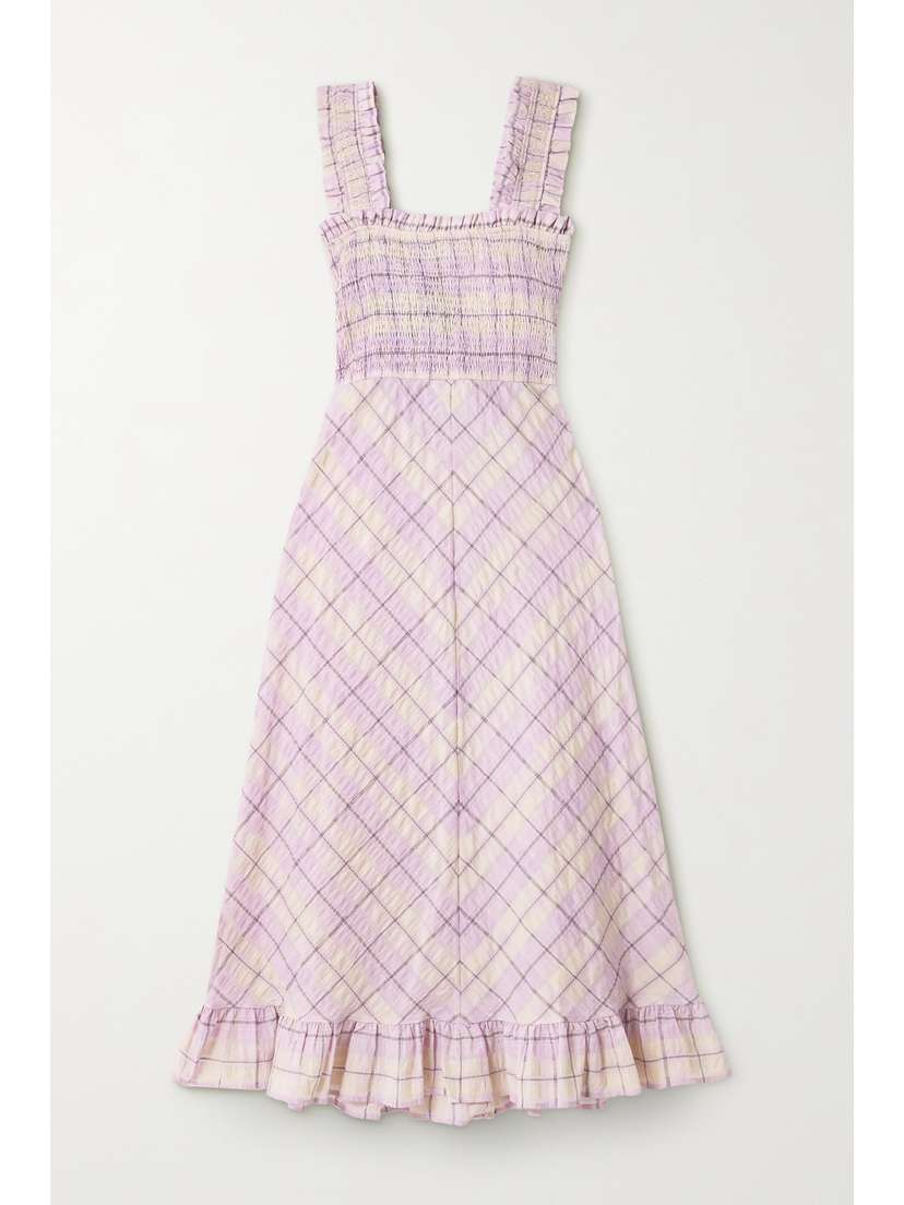 GANNI Ruffled Smocked Checked Organic Cotton-blend Seersucker Midi Dress