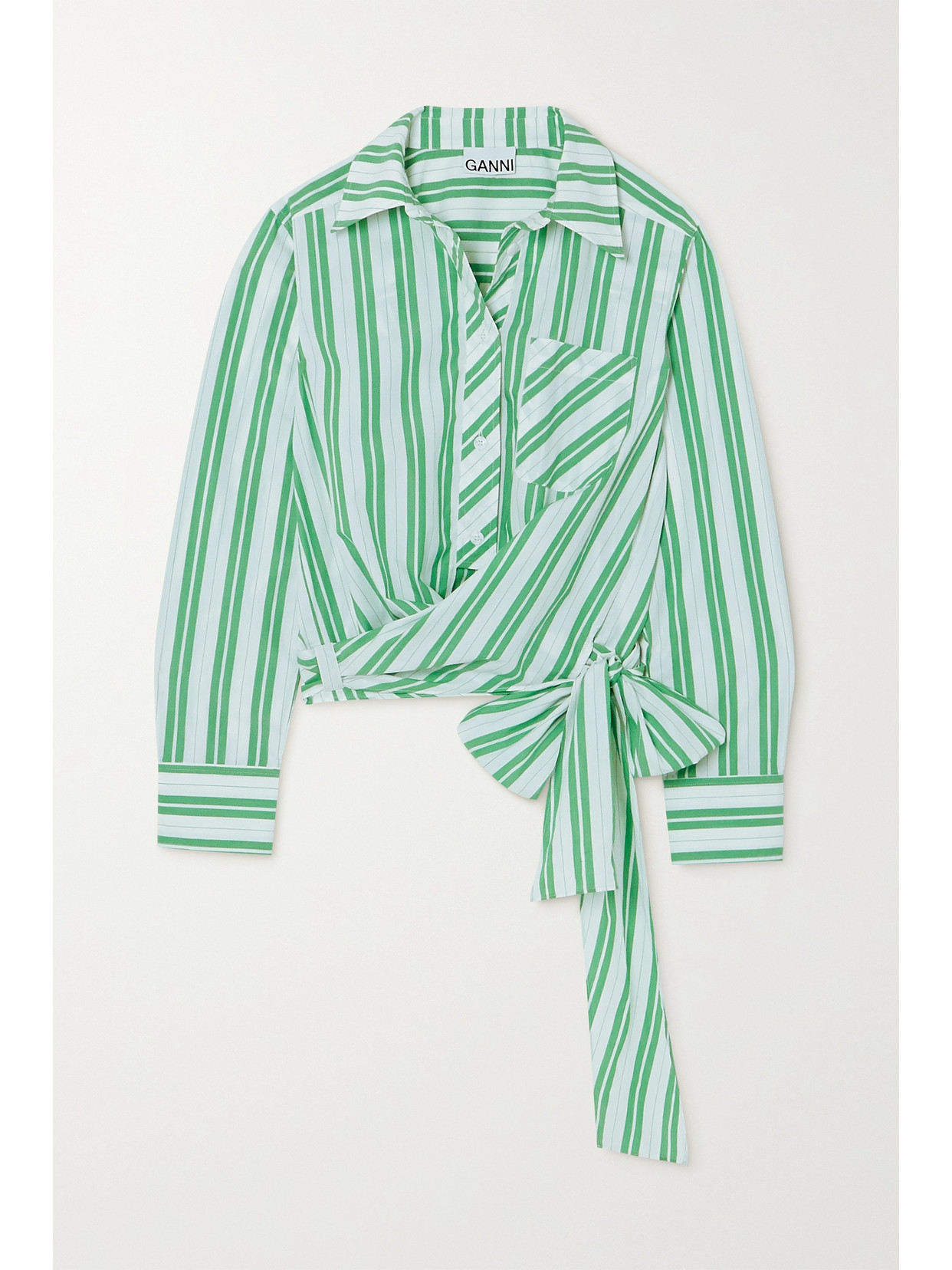 GANNI TIE-DETAILED STRIPED ORGANIC COTTON-POPLIN SHIRT