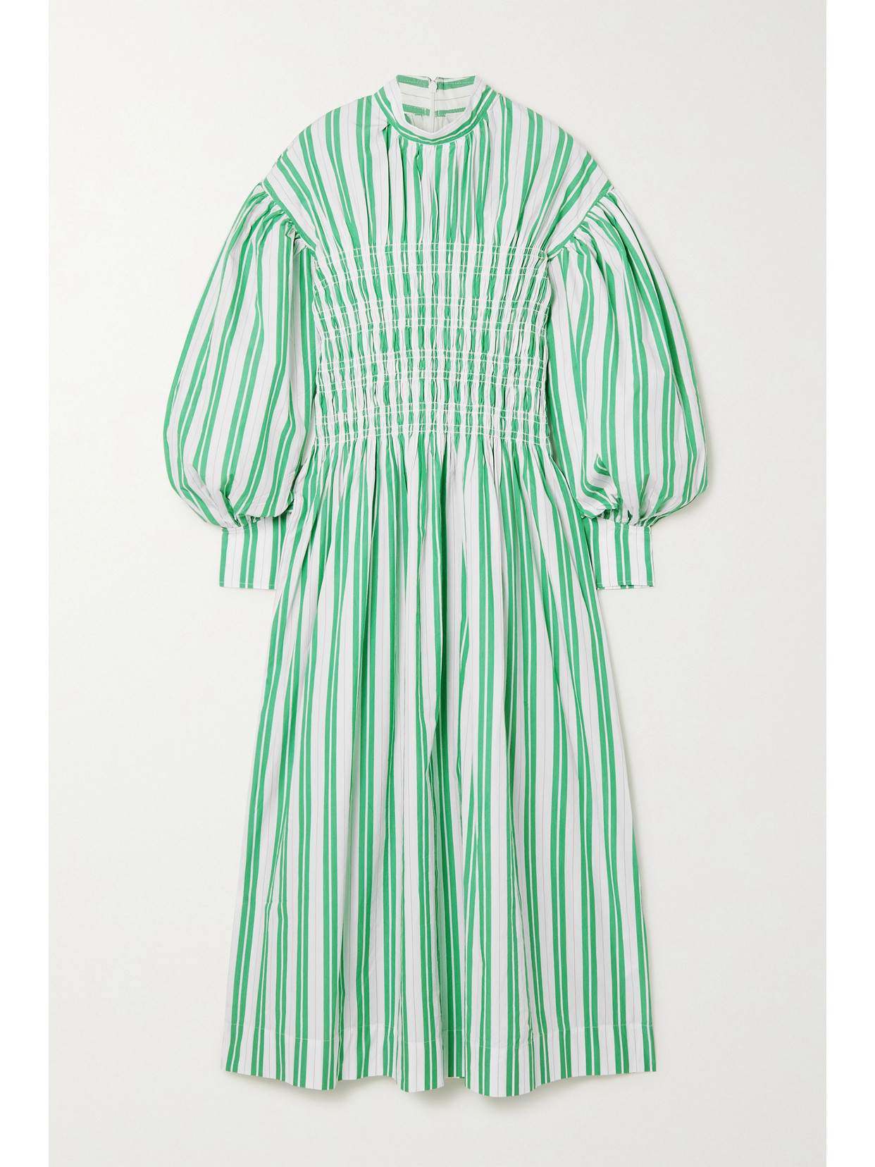 GANNI SHIRRED STRIPED ORGANIC COTTON-POPLIN MIDI DRESS