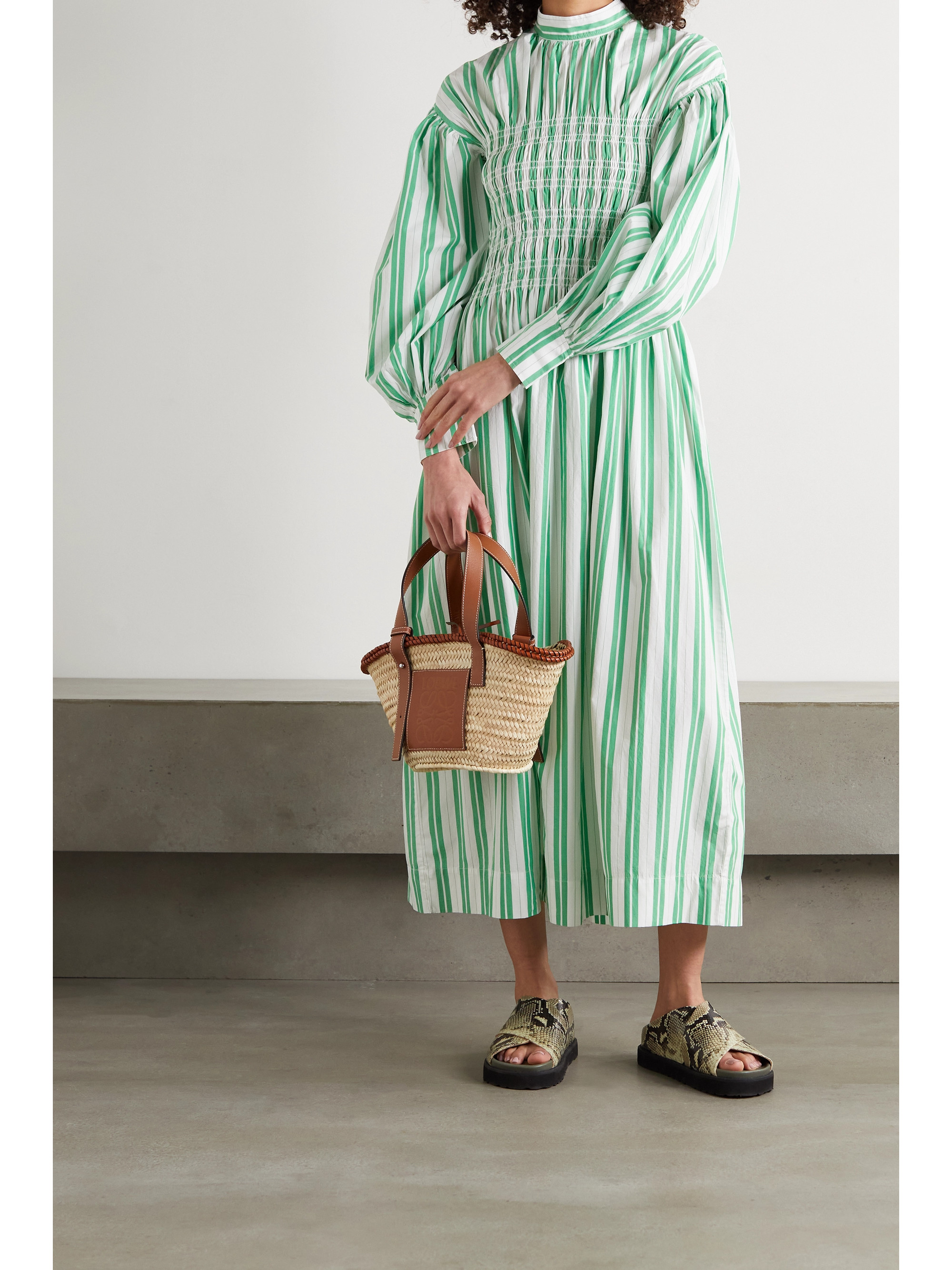 GANNI Shirred striped organic cotton-poplin midi dress, £245