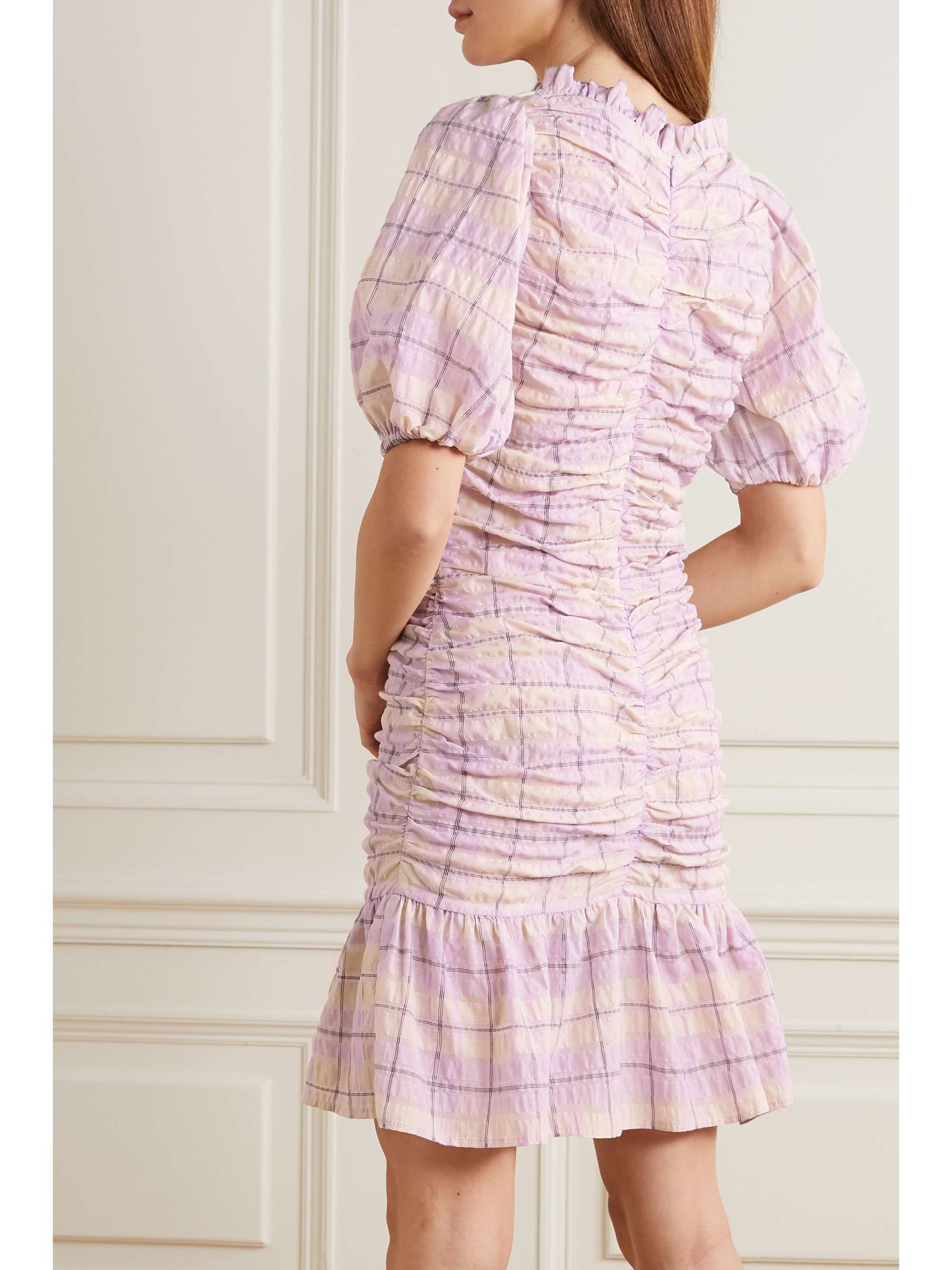 GANNI Ruched checked organic cotton-blend seersucker mini dress