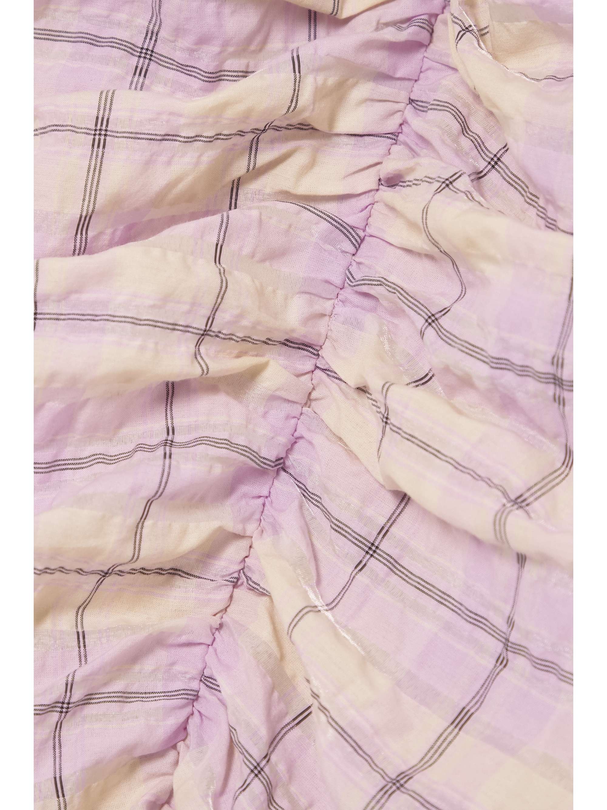GANNI Ruched checked organic cotton-blend seersucker mini dress