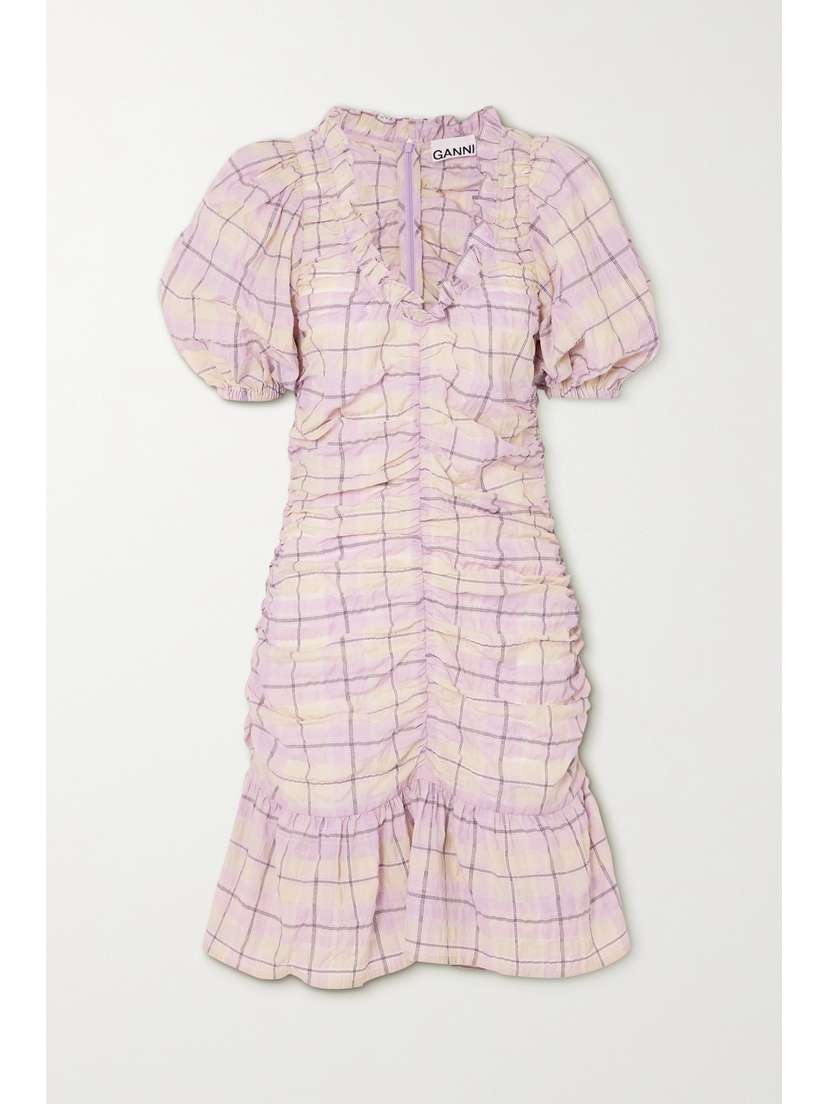 Ganni Ruched Checked Organic Cotton-blend Seersucker Mini Dress
