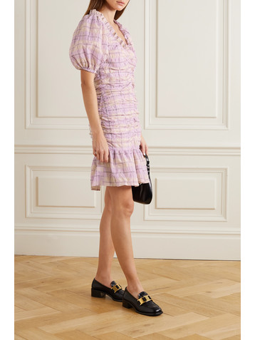 GANNI Ruched checked organic cotton-blend seersucker mini dress