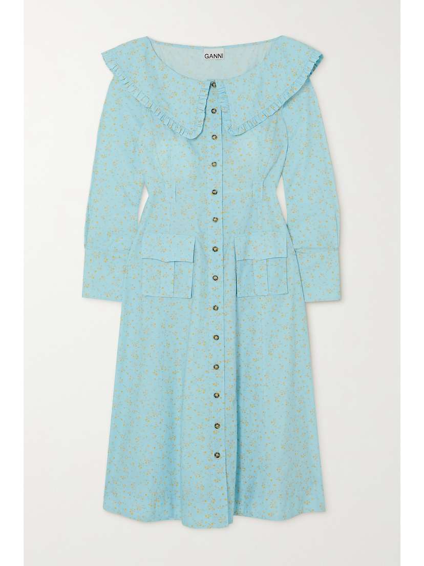 GANNI Floral-print Organic Cotton-poplin Midi Dress
