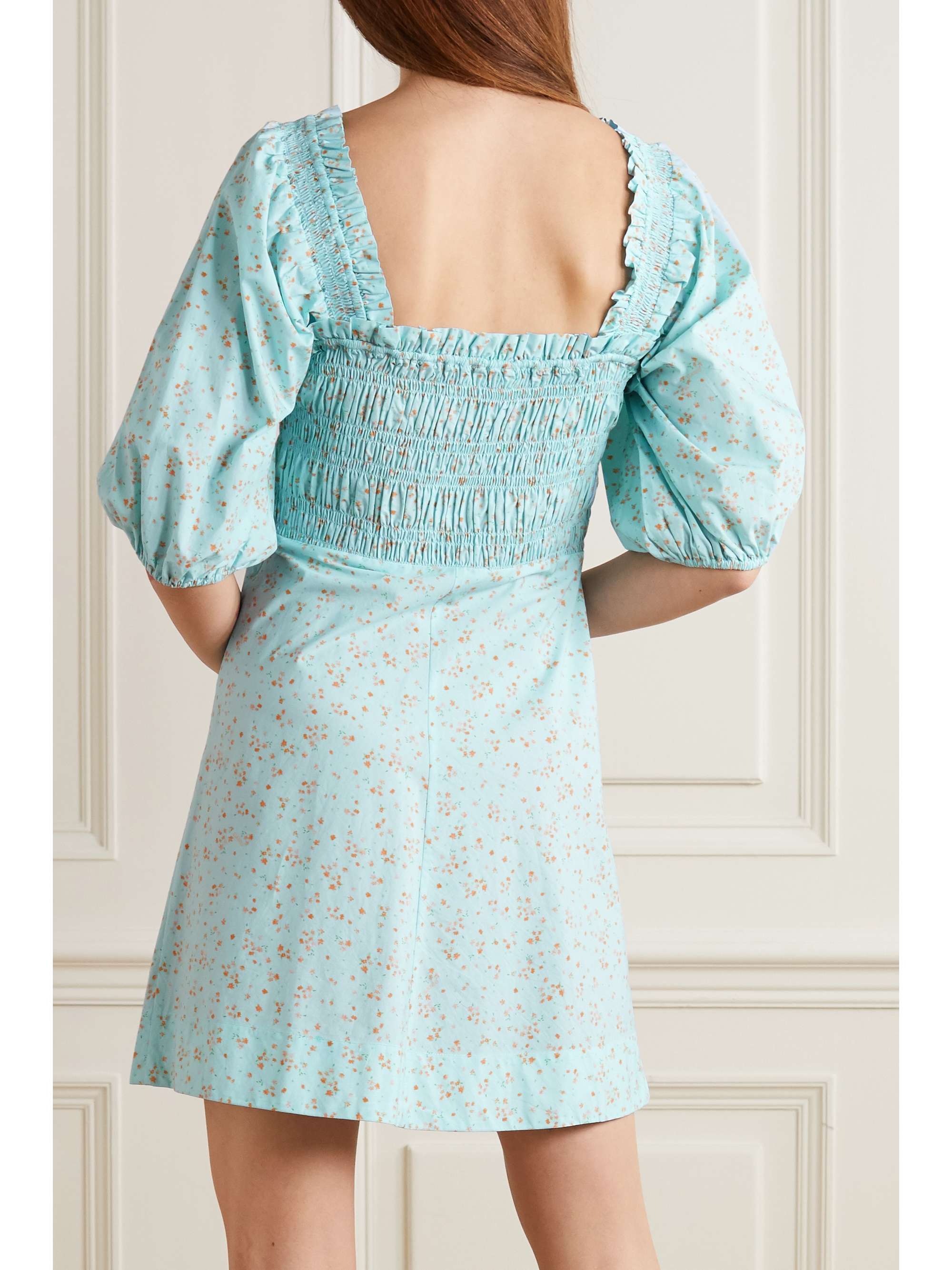 GANNI Shirred floral-print organic cotton-poplin mini dress