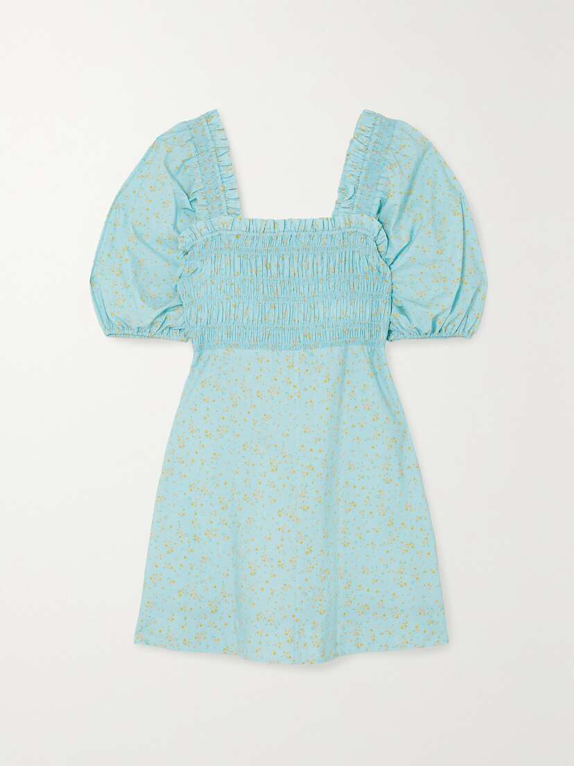 Ganni Shirred Floral-print Organic Cotton-poplin Mini Dress