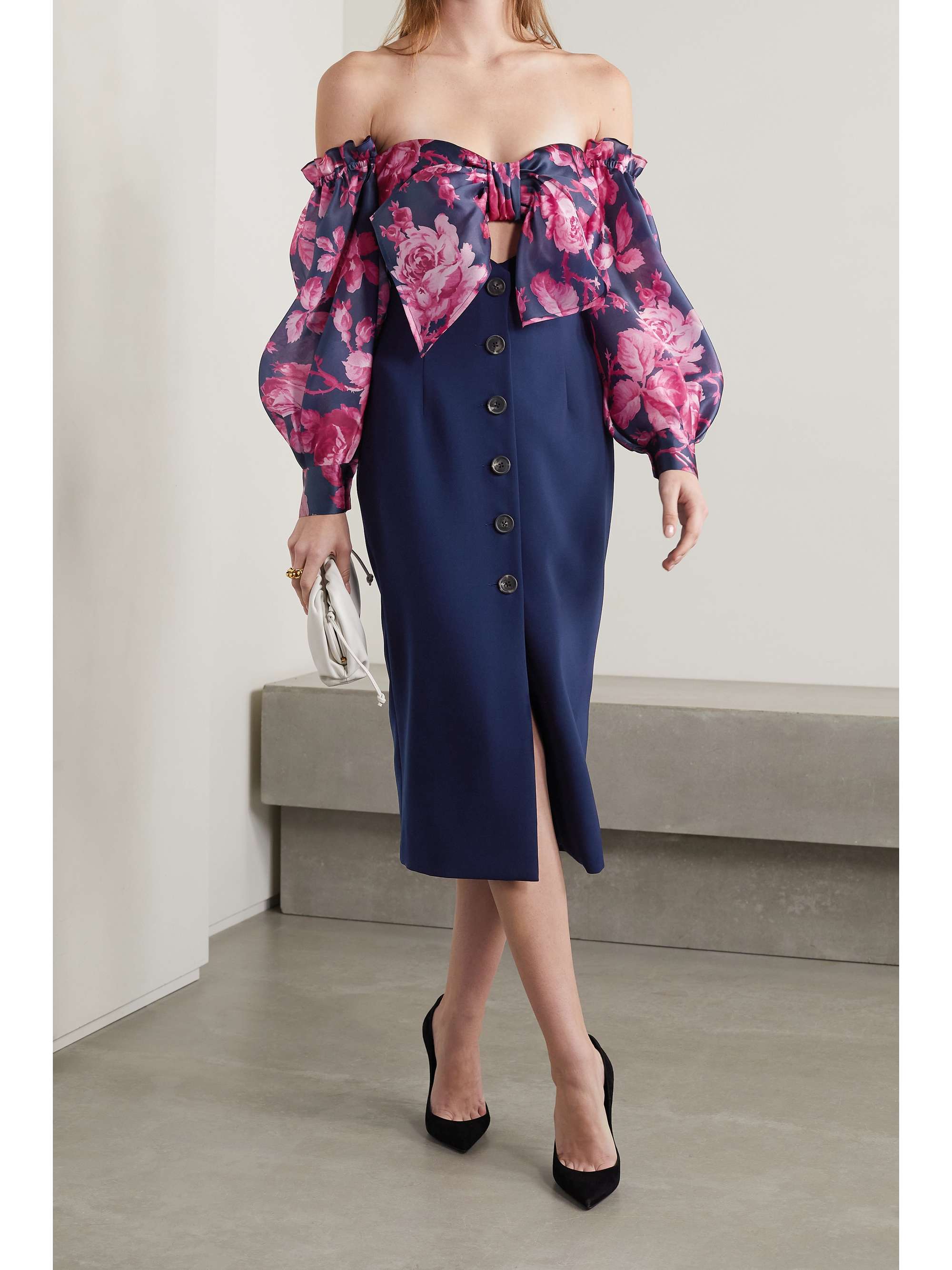 CAROLINA HERRERA Off-the-shoulder cutout floral-print organza and silk-crepe midi dress