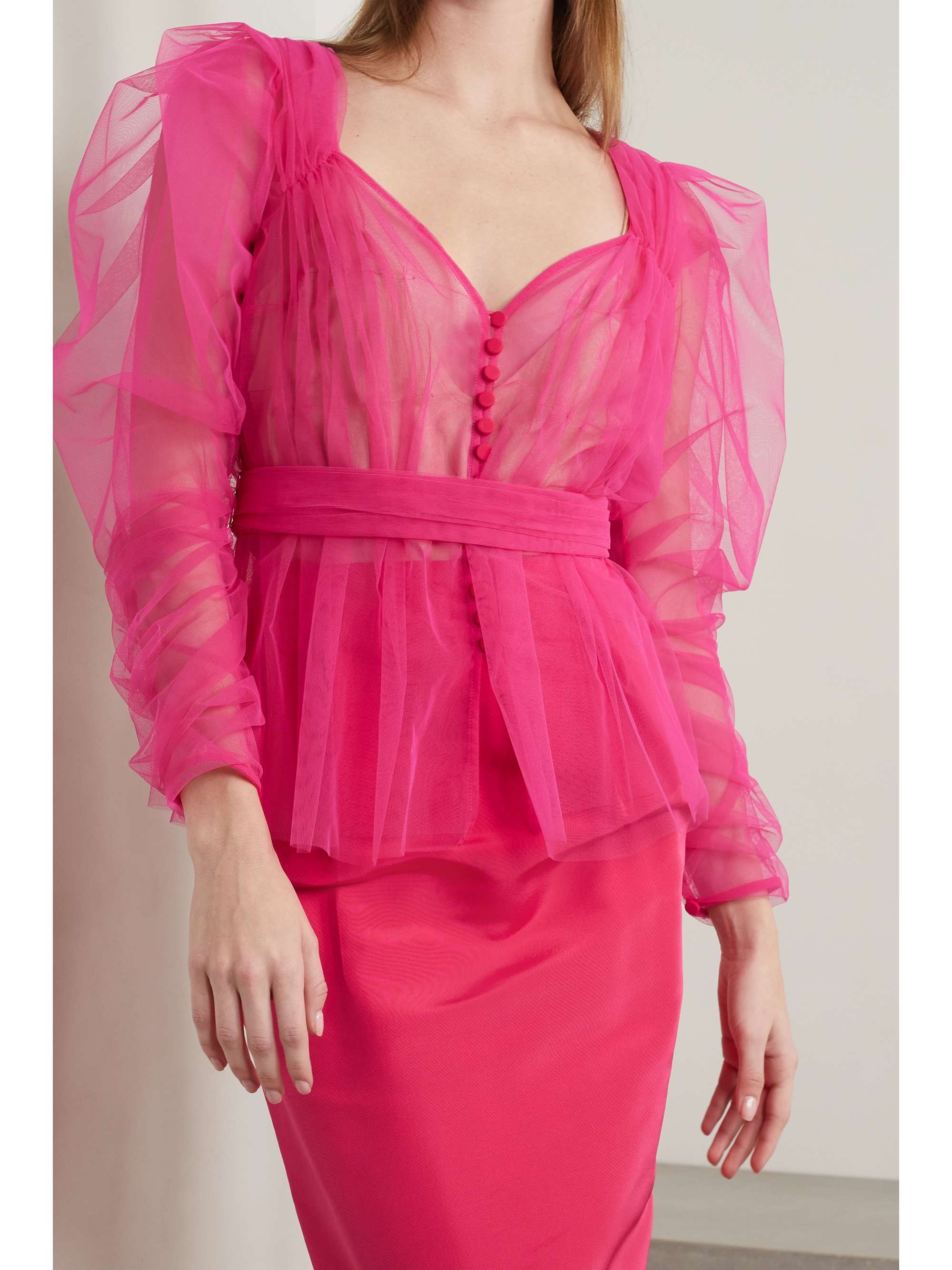 CAROLINA HERRERA Belted ruched tulle blouse