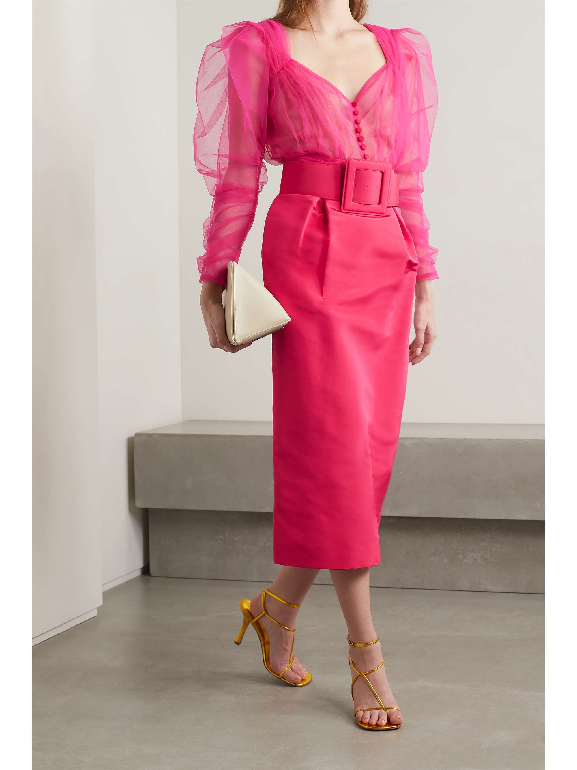 CAROLINA HERRERA Belted ruched tulle blouse