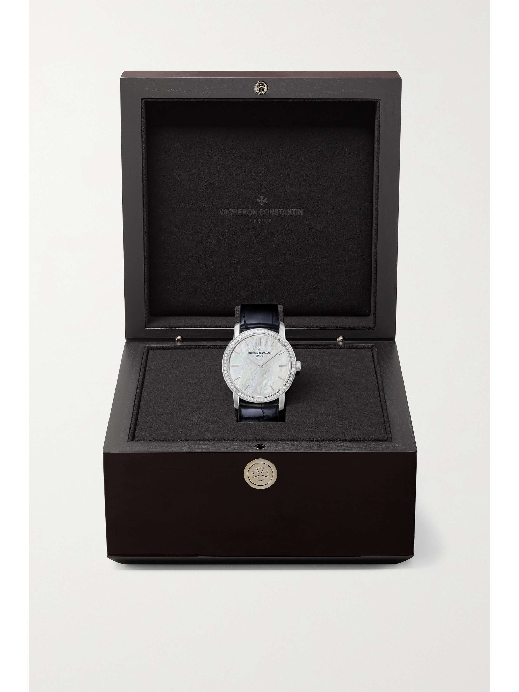 VACHERON CONSTANTIN Traditionnelle 30mm 18-karat white gold, alligator, diamond and mother-of-pearl watch