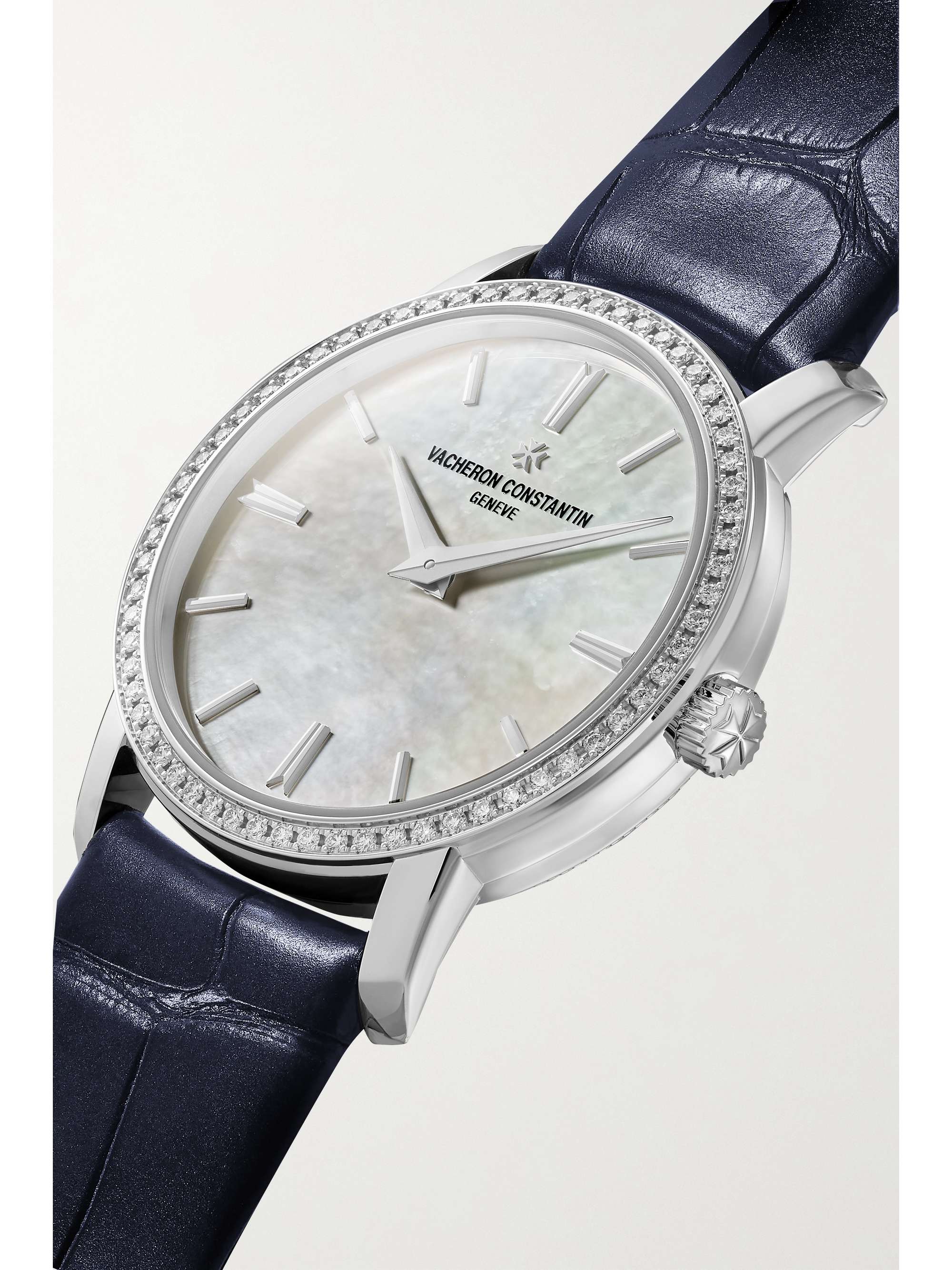 VACHERON CONSTANTIN Traditionnelle 30mm 18-karat white gold, alligator, diamond and mother-of-pearl watch