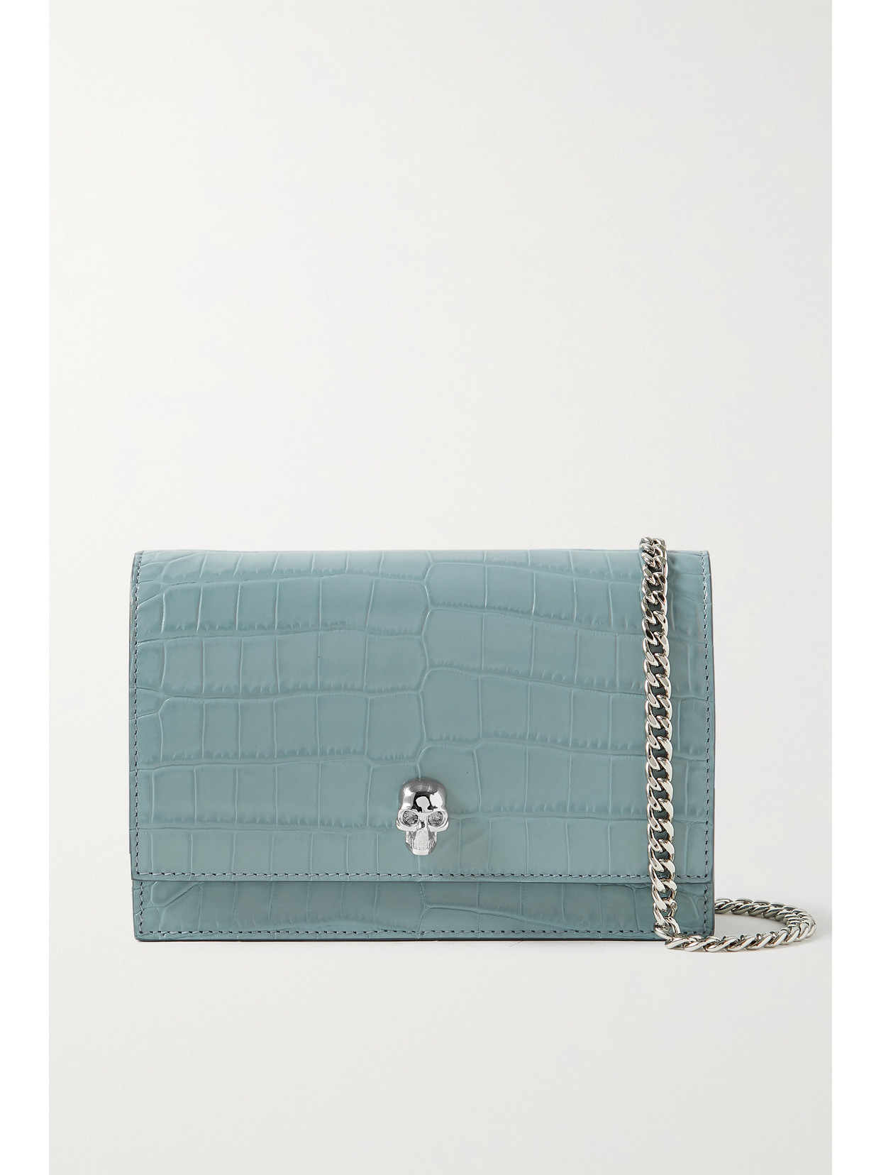Alexander Mcqueen Skull Mini Embellished Croc-effect Patent-leather Shoulder Bag In Blue
