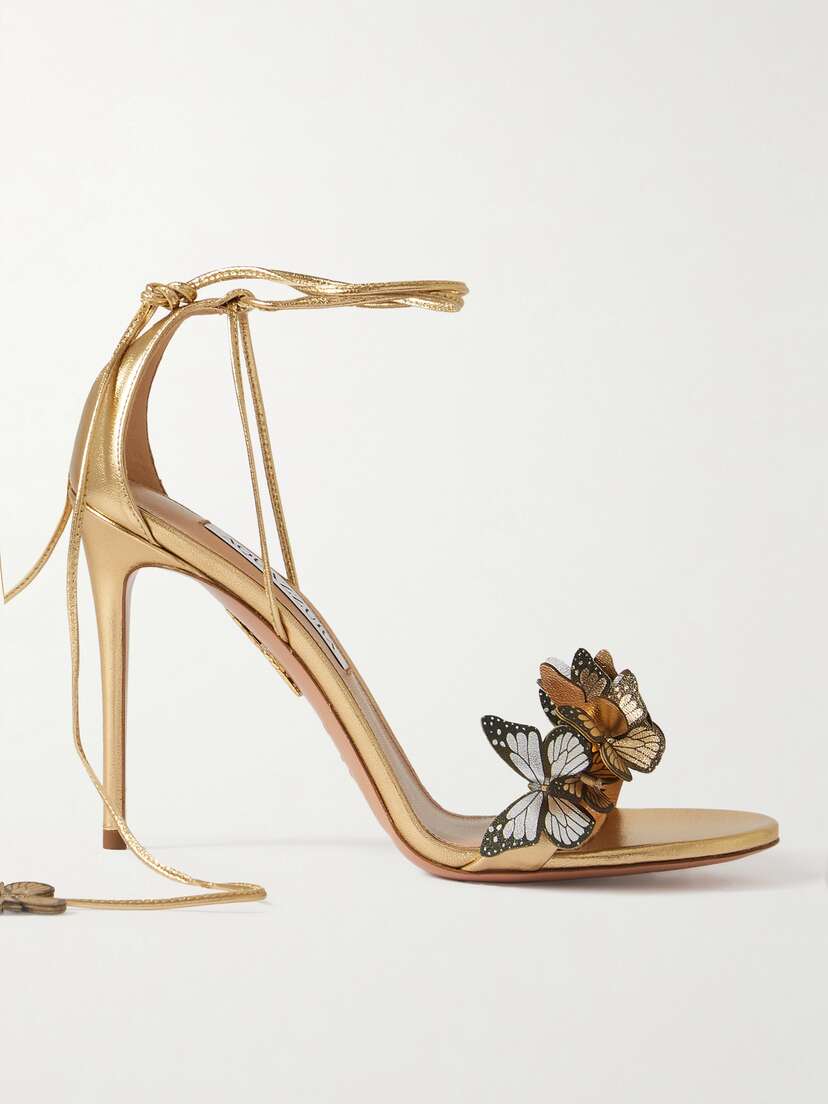 Aquazzura Papillo 105 Embellished Metallic Leather Sandals