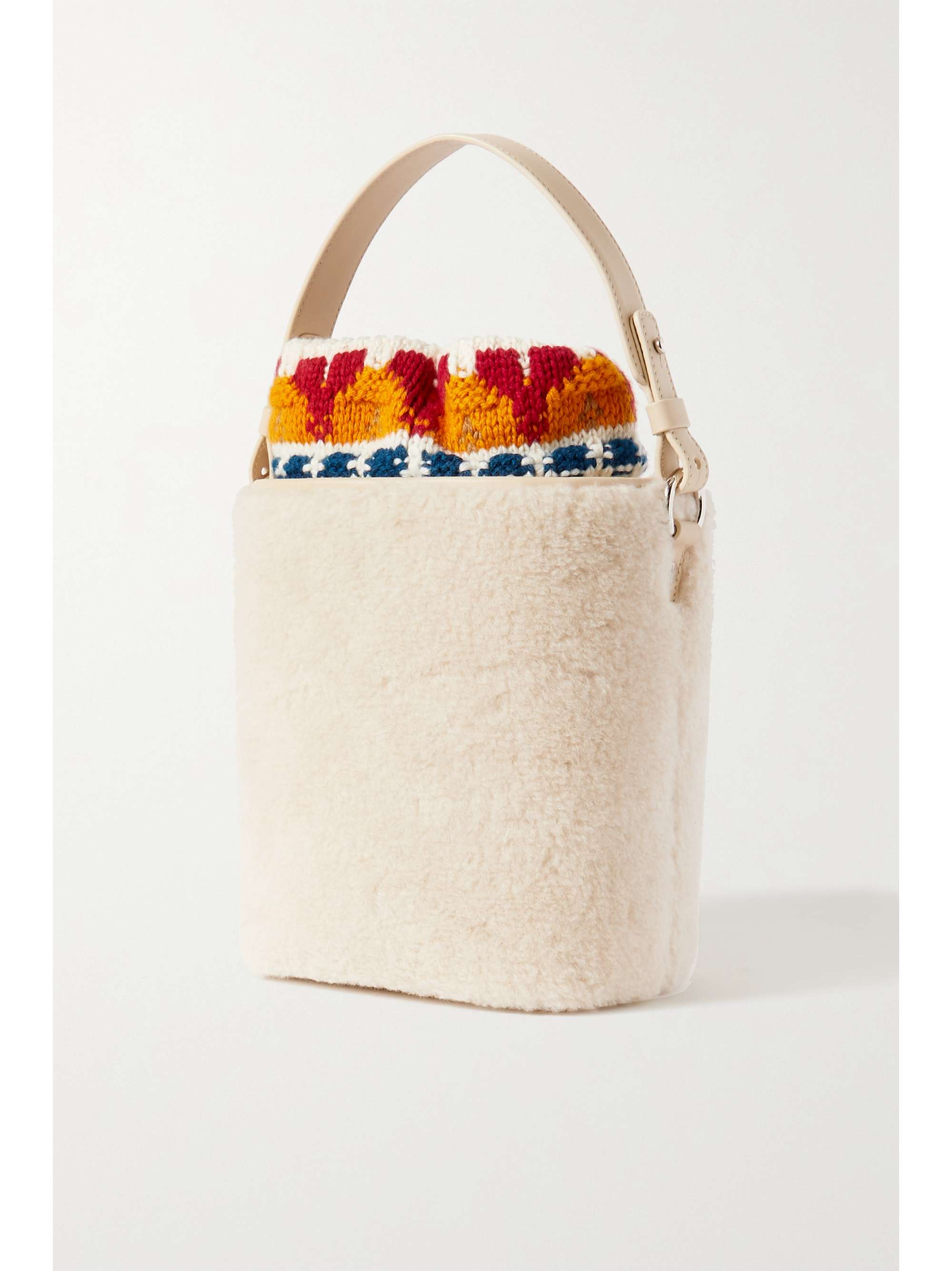 LORO PIANA Artemis cashmere and silk-blend trimmed shearling bucket bag