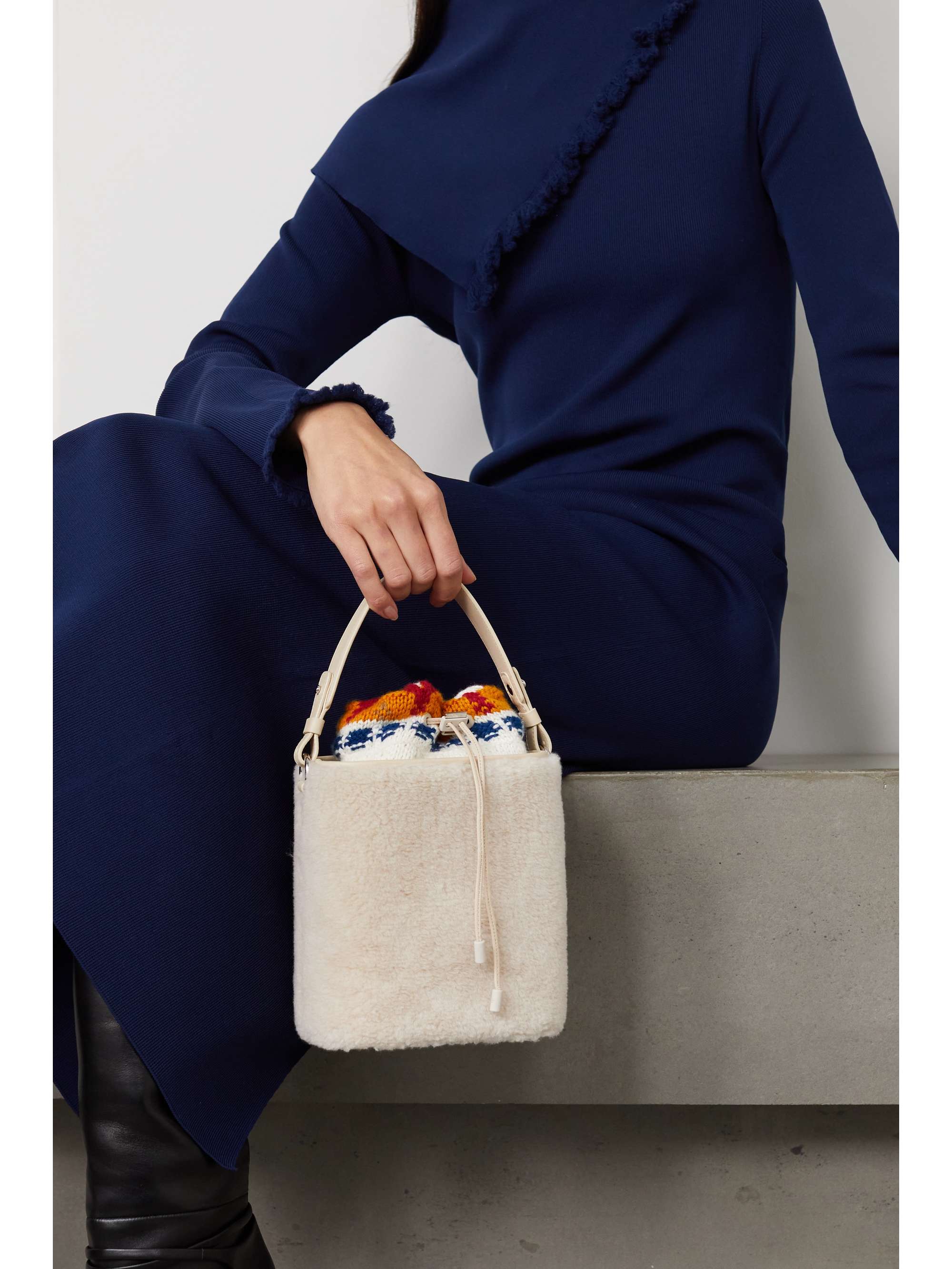 LORO PIANA Artemis cashmere and silk-blend trimmed shearling bucket bag
