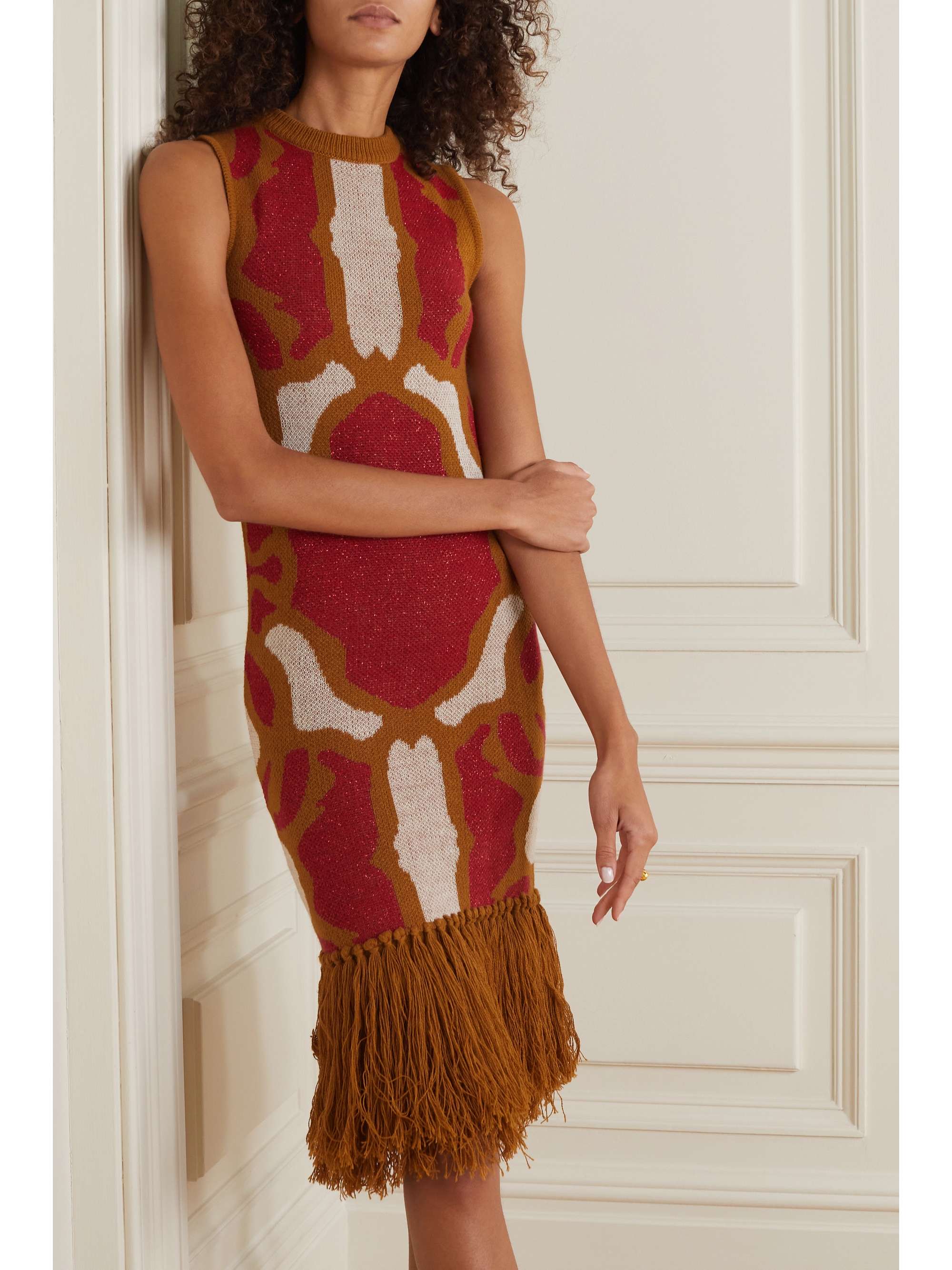 + The Vanguard fringed metallic jacquard-knit wool-blend midi dress