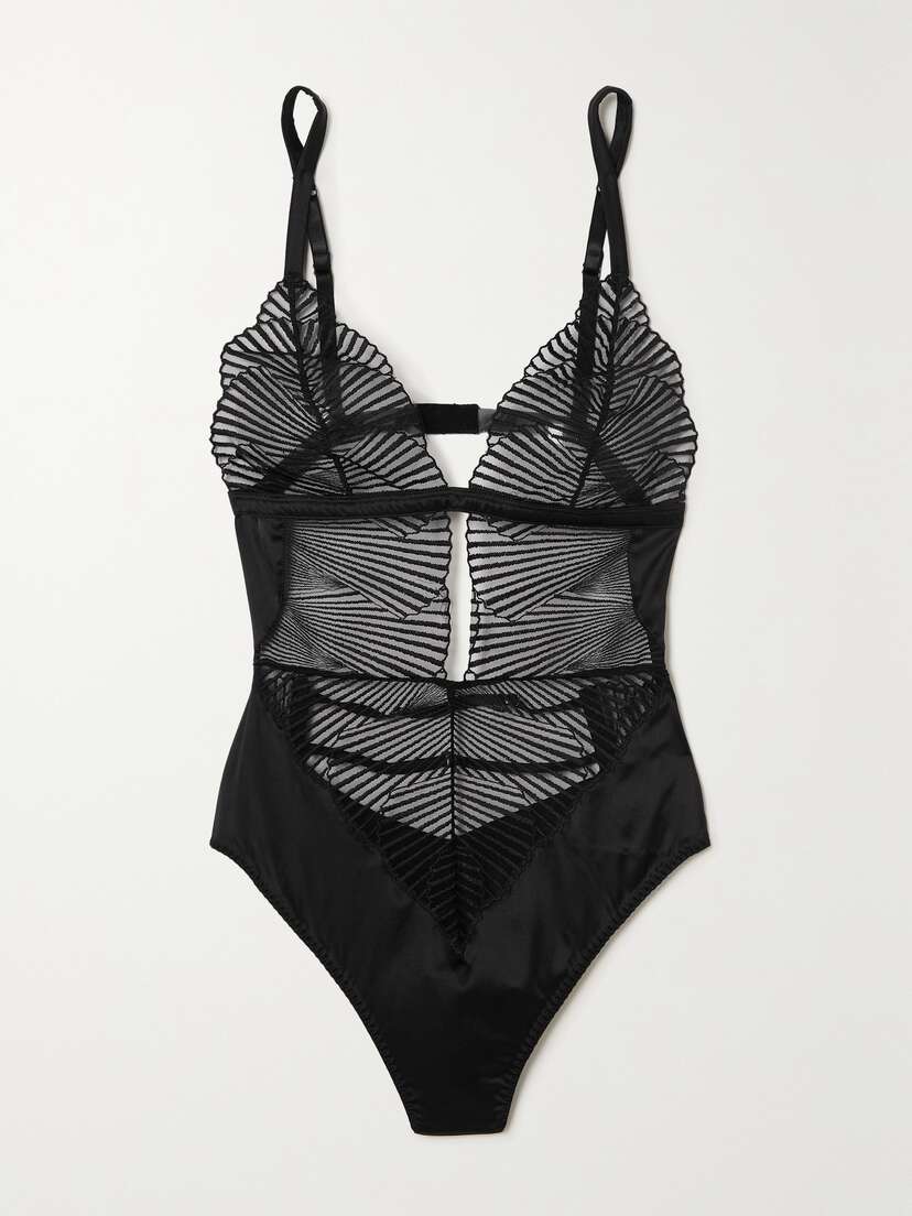 Coco de Mer Athena Cutout Embroidered Tulle And Satin Bodysuit - x small