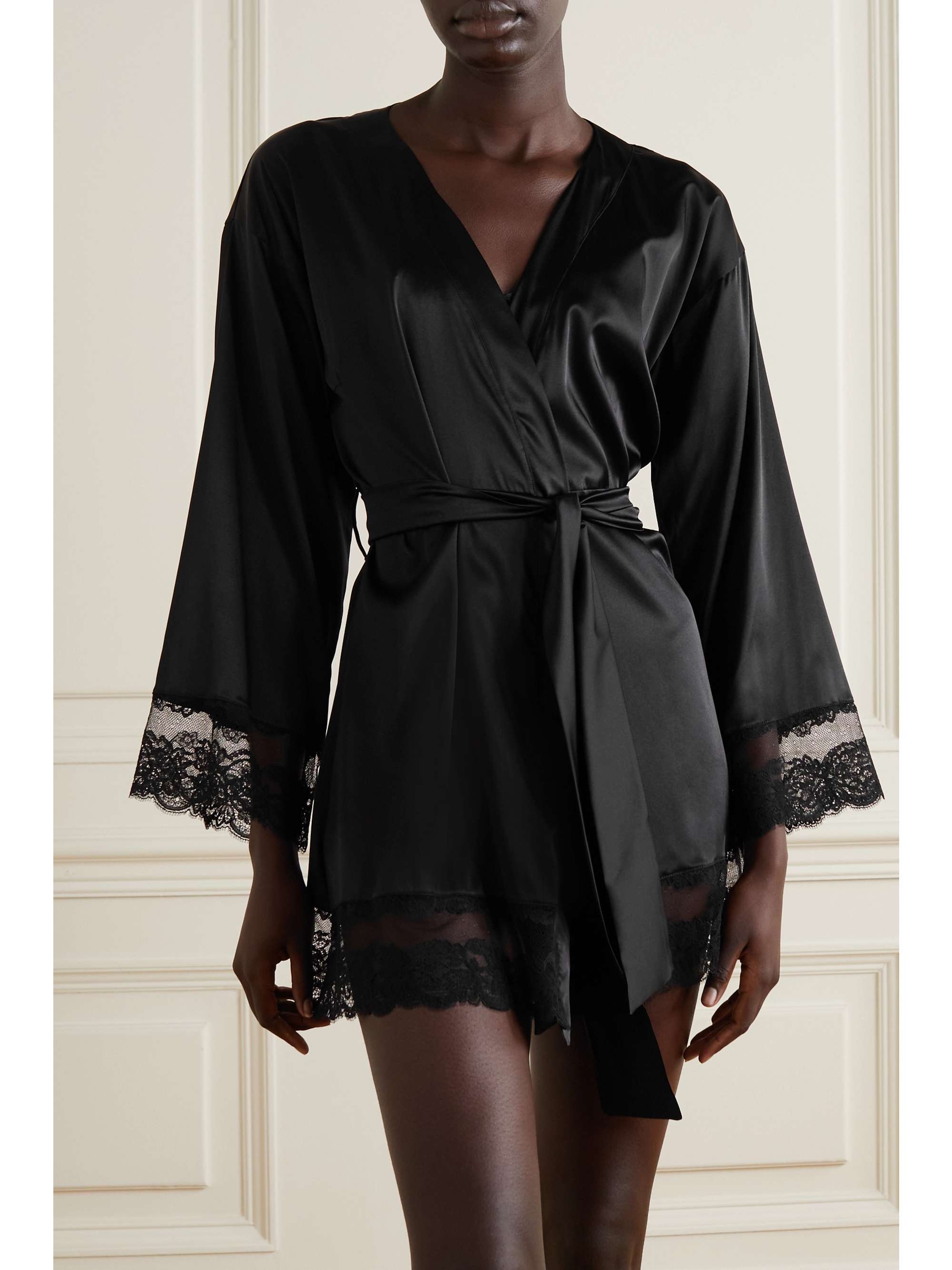 COCO DE MER Seraphine lace-trimmed silk-blend satin robe