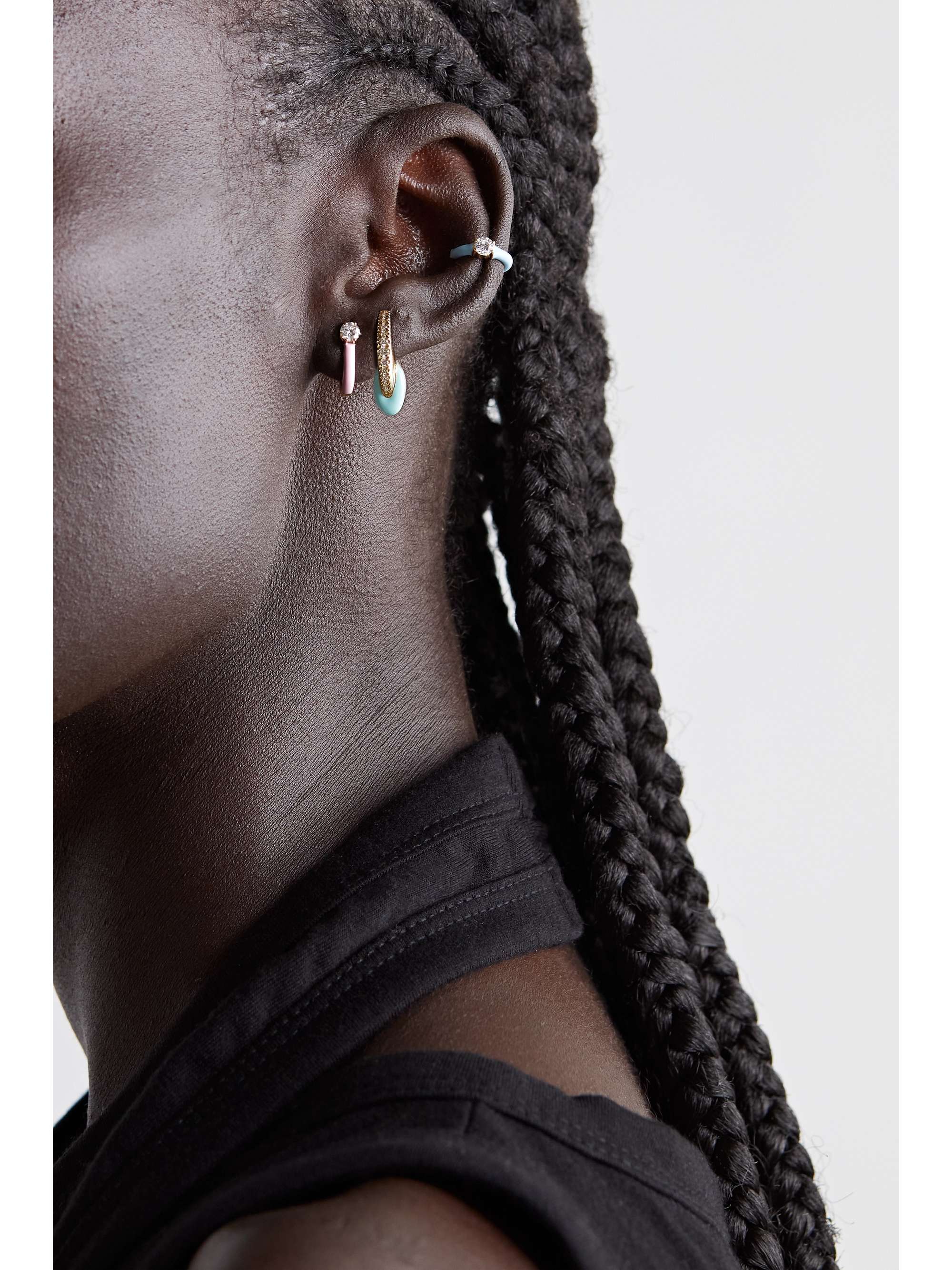 MELISSA KAYE Aria U Huggie 18-karat rose gold, diamond and enamel earrings