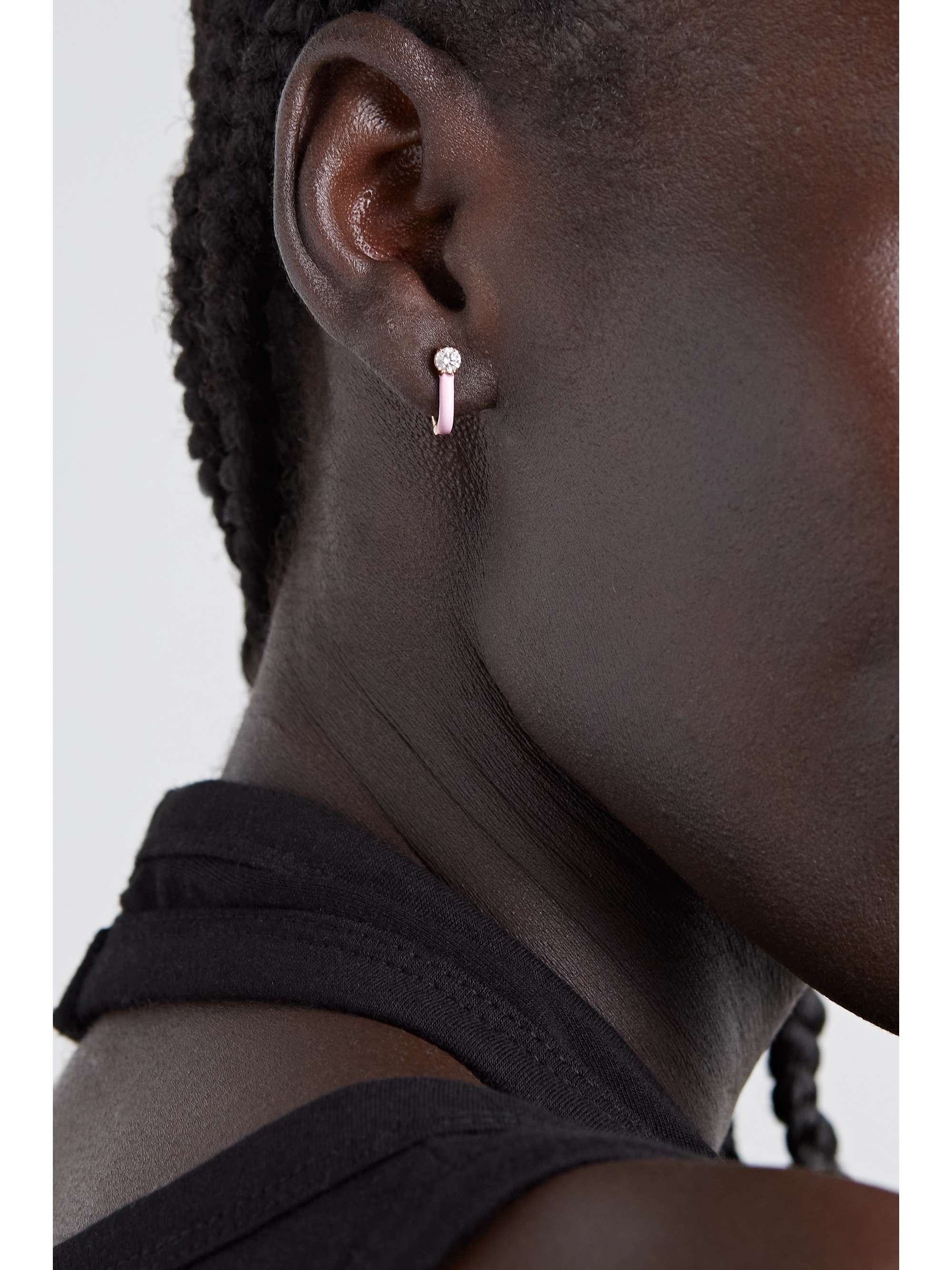 MELISSA KAYE Aria U Huggie 18-karat rose gold, diamond and enamel earrings