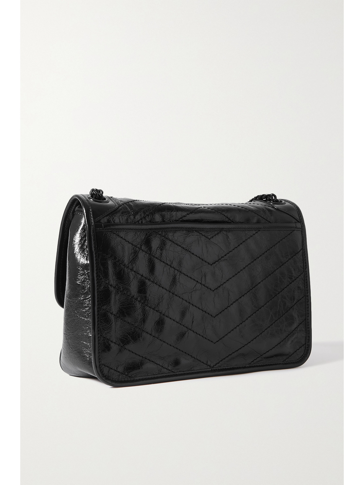 Saint Laurent Niki Medium Quilted Crinkled Glossed-leather Shoulder Bag In Black
