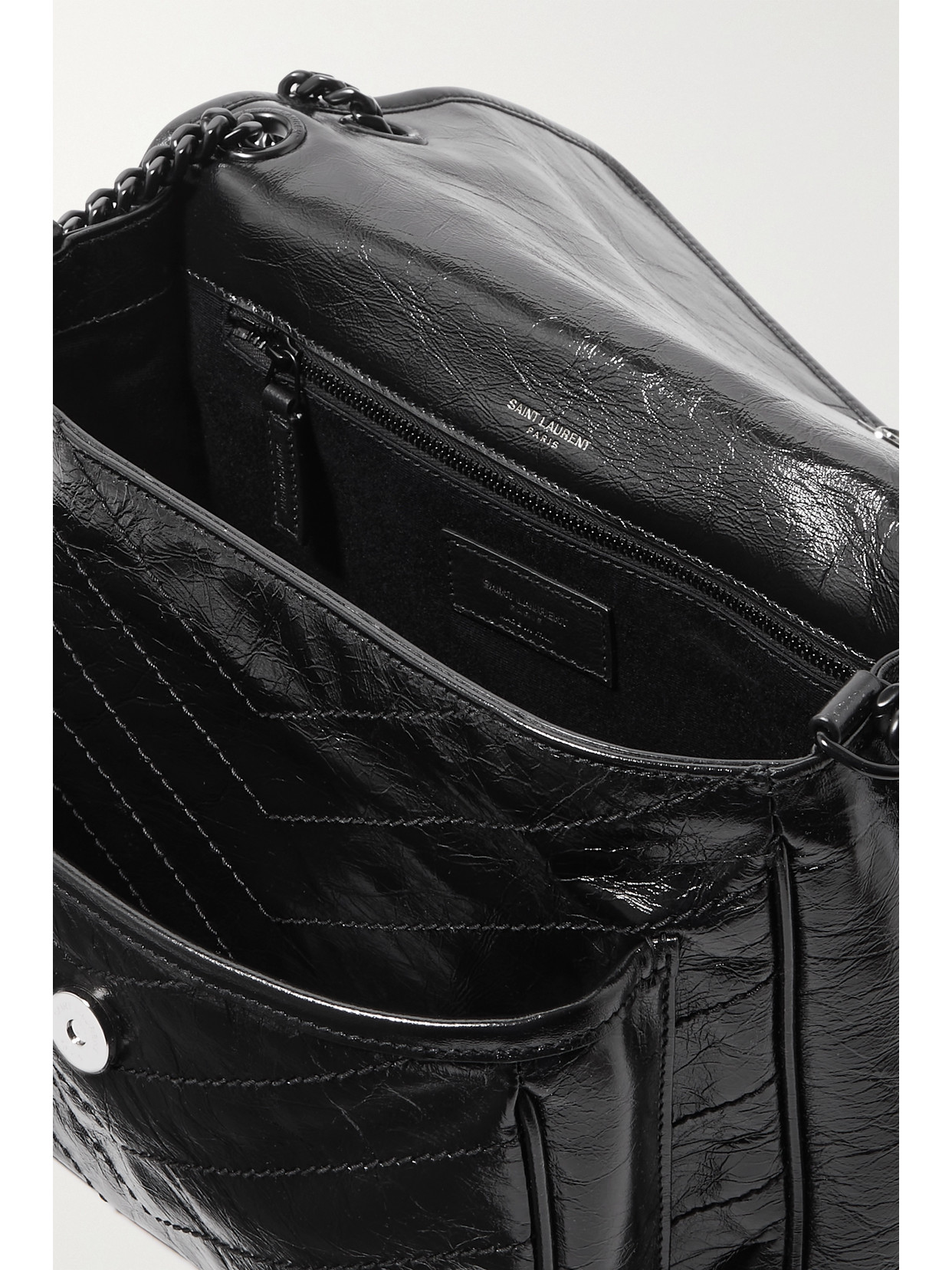 Saint Laurent Niki Medium Quilted Crinkled Glossed-leather Shoulder Bag In Black