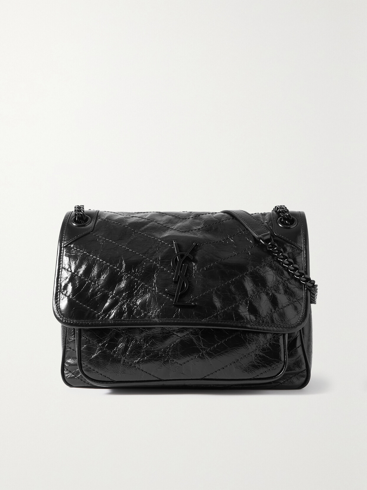 Shop Saint Laurent Niki Medium Quilted Crinkled Glossed-leather Shoulder Bag In Black