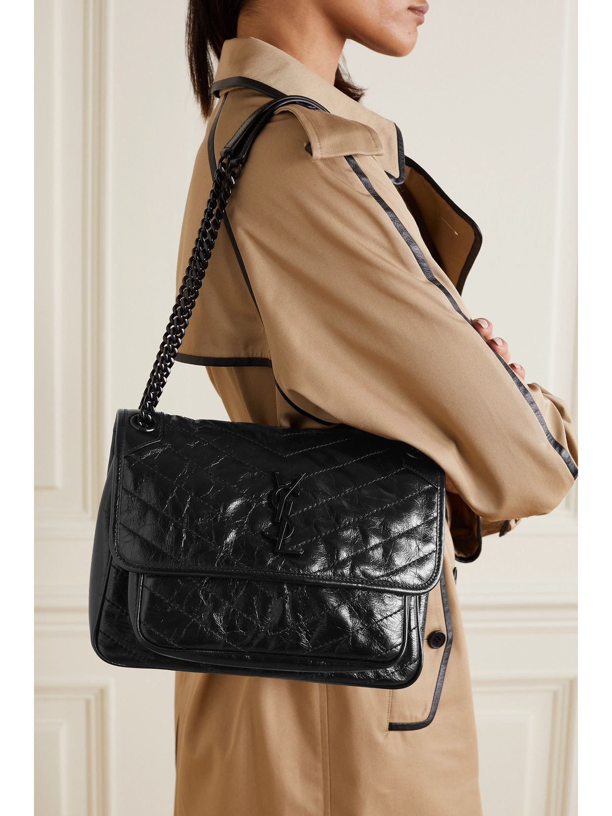 Saint Laurent Niki Medium Quilted Crinkled Glossed-leather Shoulder Bag In Black