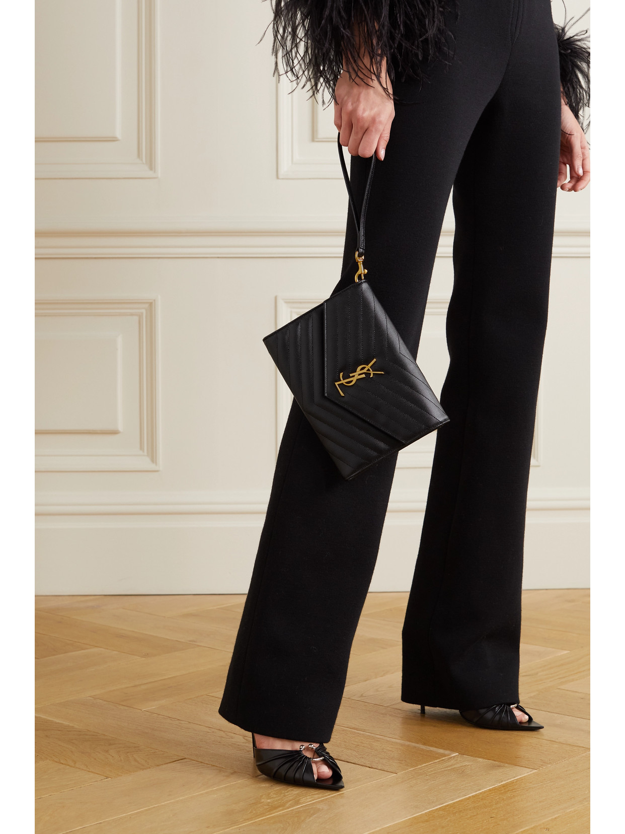 Saint Laurent Monogramme Quilted Textured-leather Pouch In Black