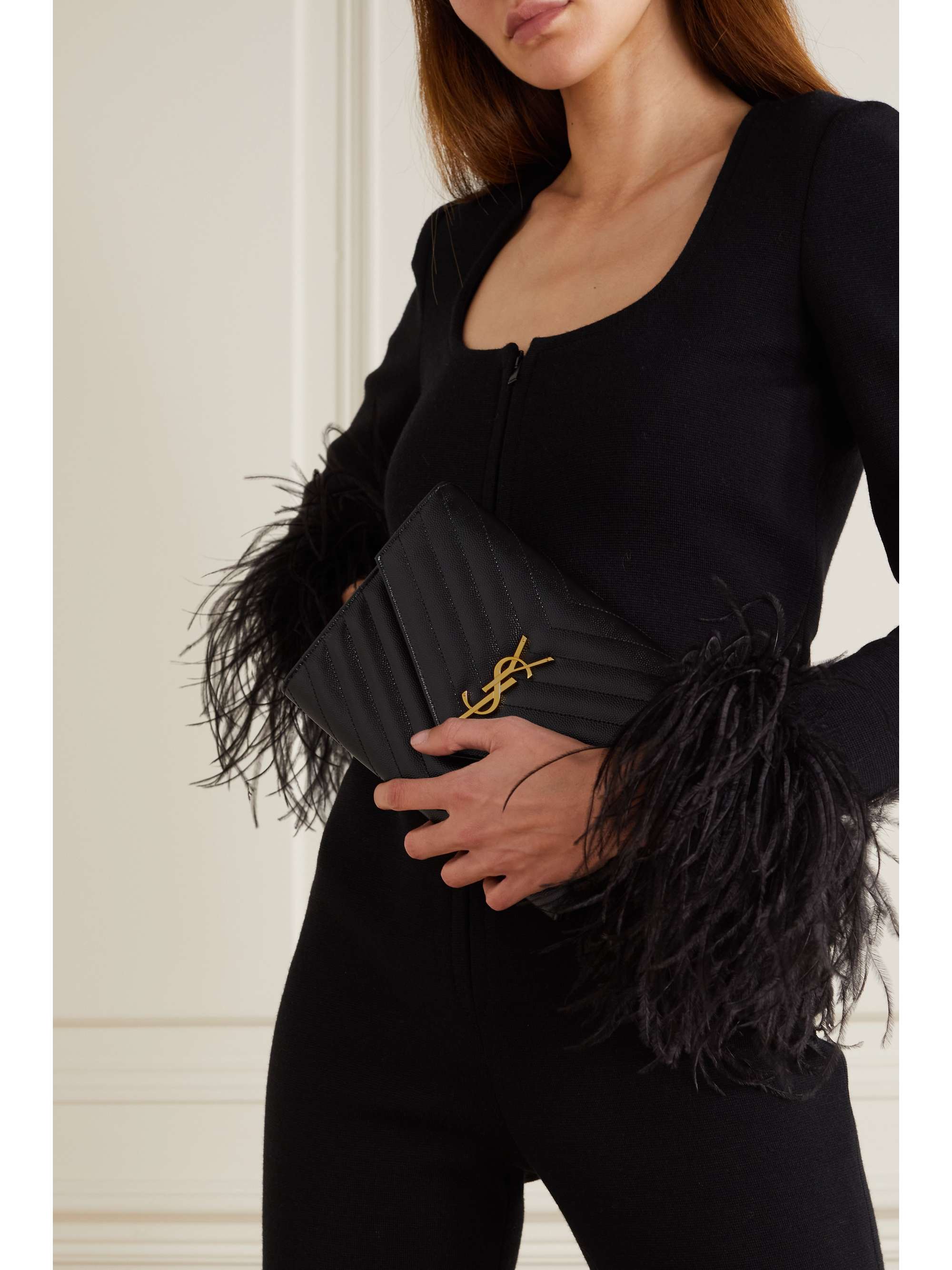 SAINT LAURENT Monogramme quilted textured-leather pouch