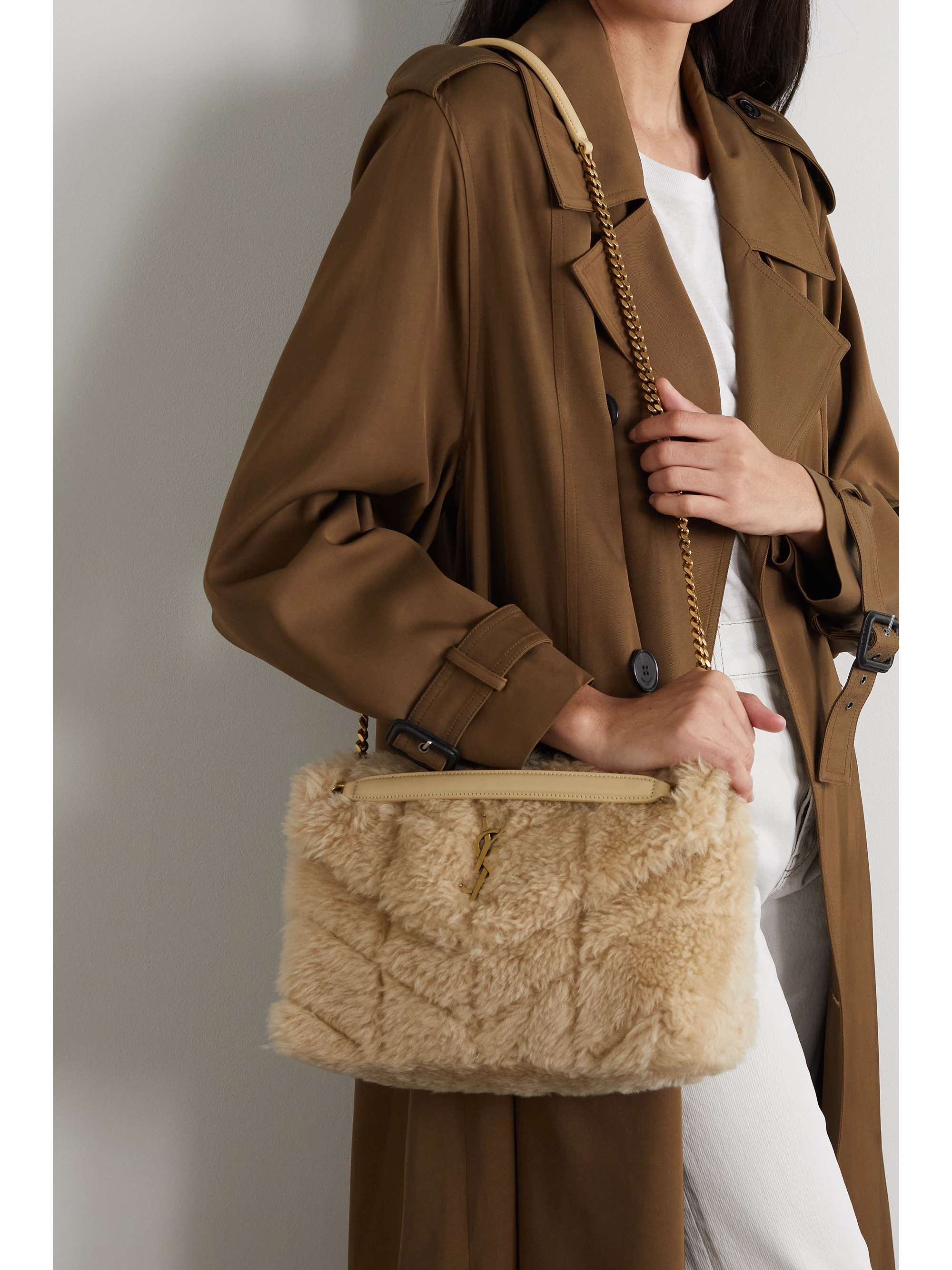 SAINT LAURENT Shearling Quilted Monogram Loulou Puffer Pouch Clutch Natural  Beige Brick 1251133