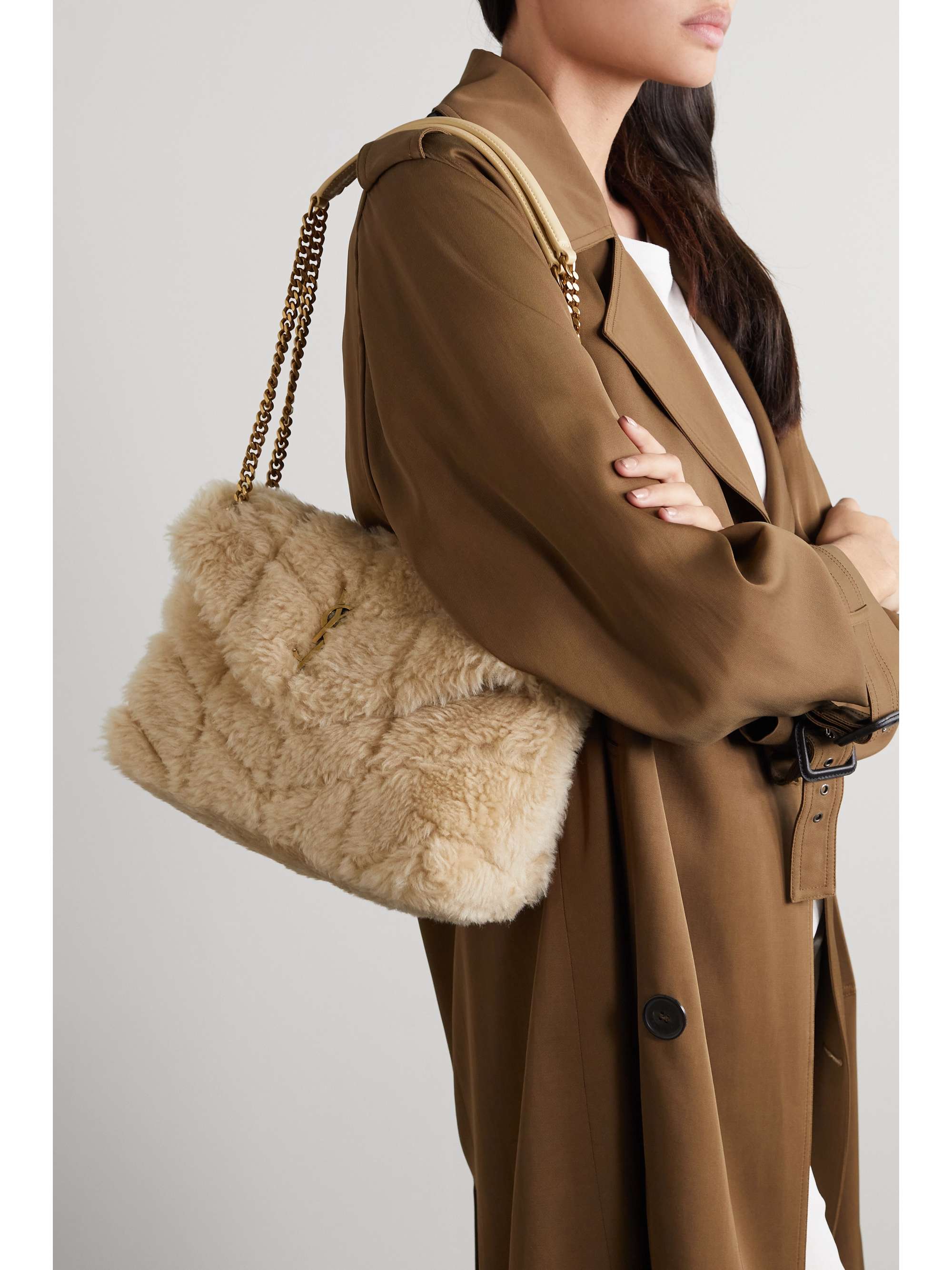 Beige Loulou Puffer small shearling shoulder bag SAINT LAURENT NET