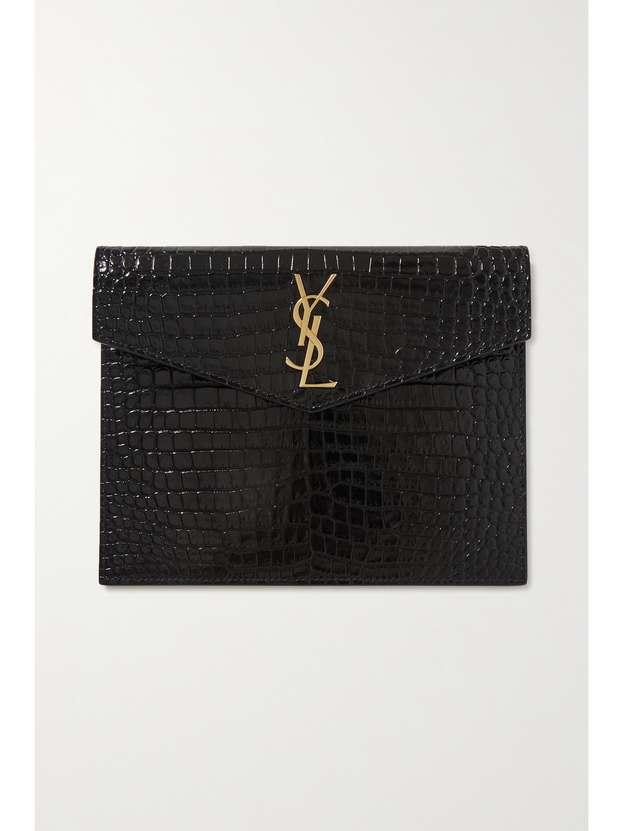 Saint Laurent Uptown Medium Ysl Monogram Croc-embossed Pouch Bag In Black