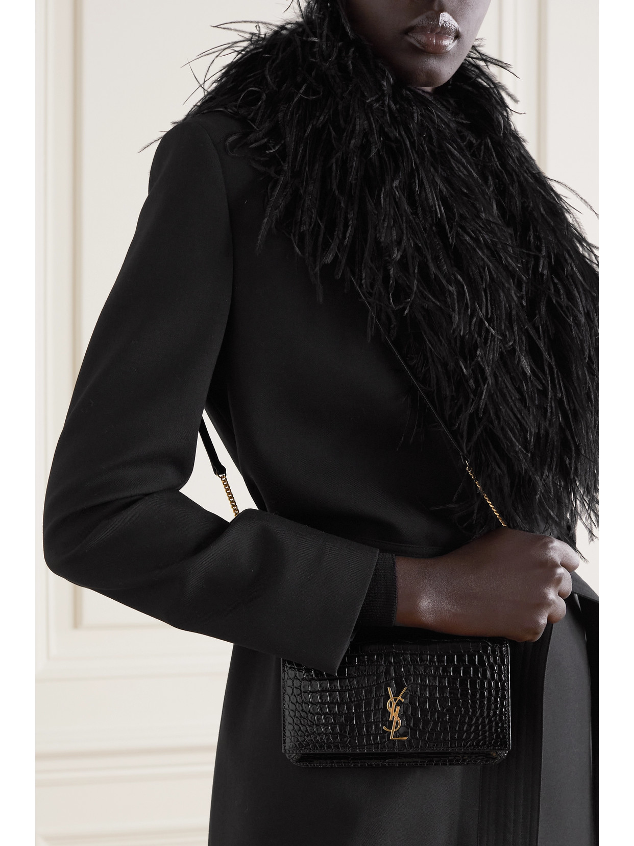 Saint Laurent Monogramme Croc-effect Leather Pouch In Black