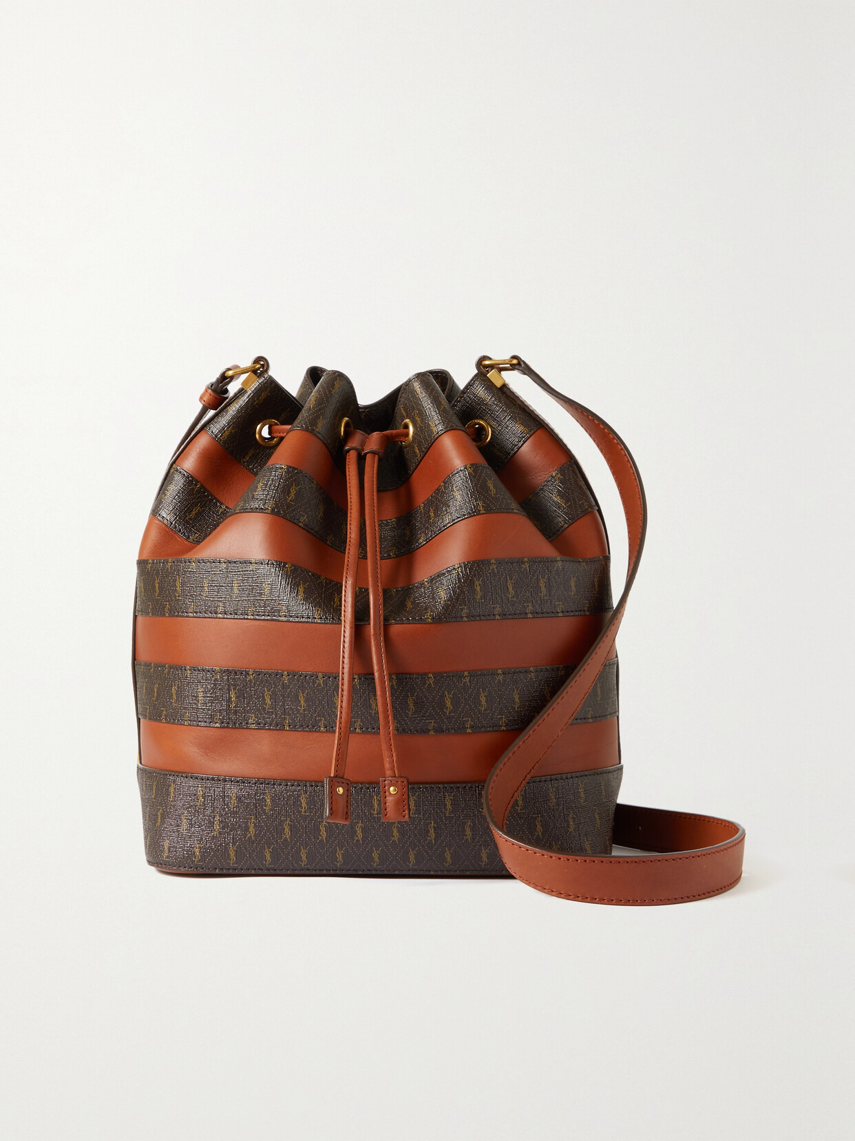 SAINT LAURENT - Le Monogramme Paneled Leather And Printed Coated-canvas Bucket Bag - Brown