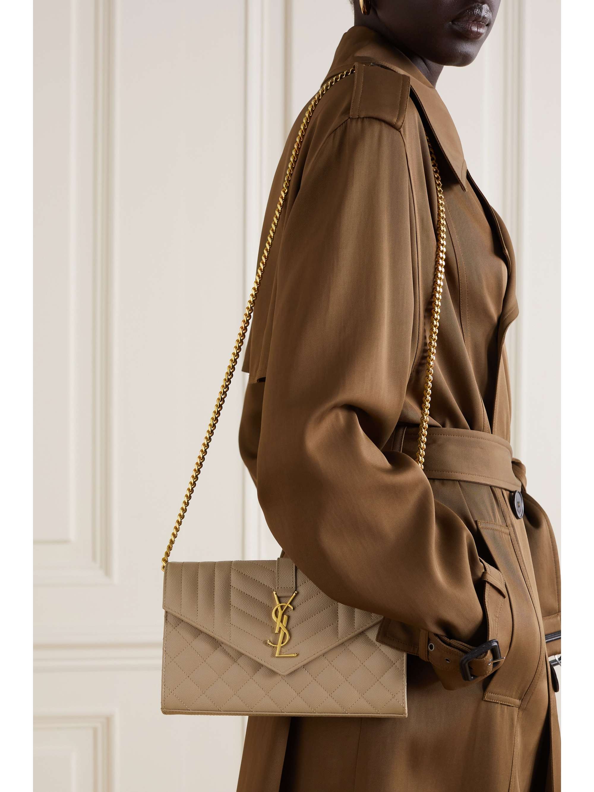 Beige YSL-monogram quilted-leather clutch bag, Saint Laurent