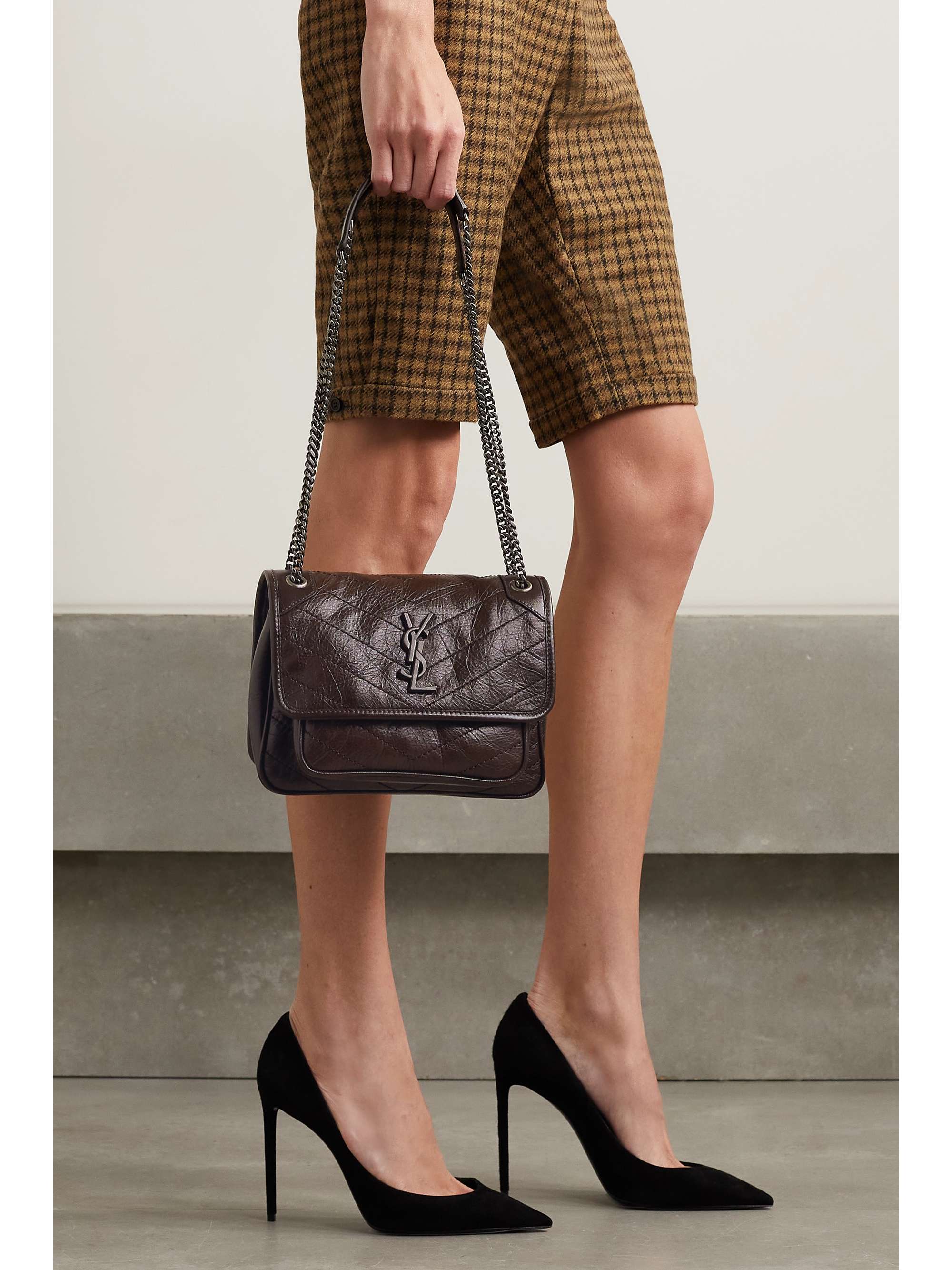 Chocolate Niki Baby mini quilted crinkledleather shoulder bag SAINT