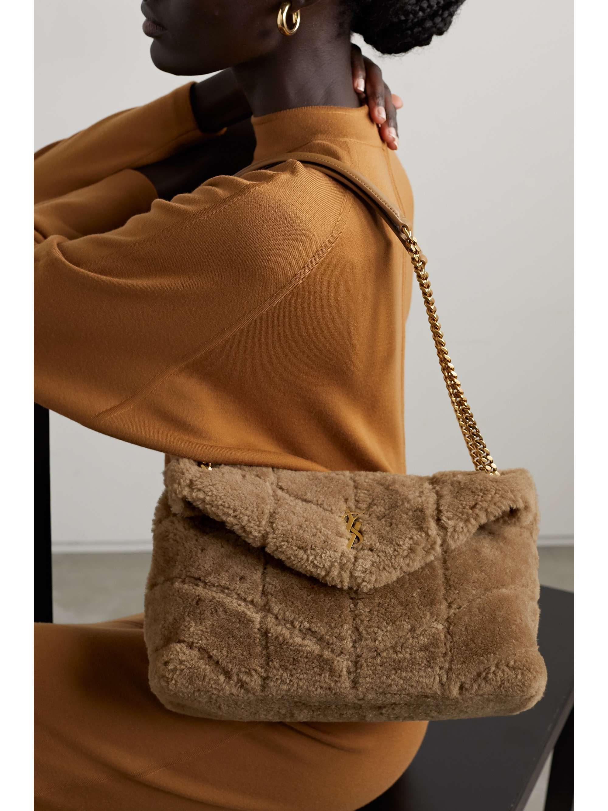 Brown Loulou Puffer small shearling shoulder bag SAINT LAURENT NET