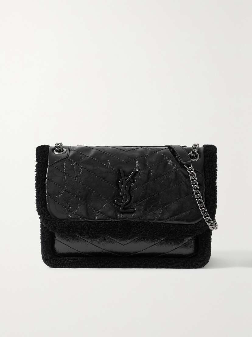 Saint Laurent Niki Medium Shearling-trimmed Quilted Crinkled-leather Shoulder Bag