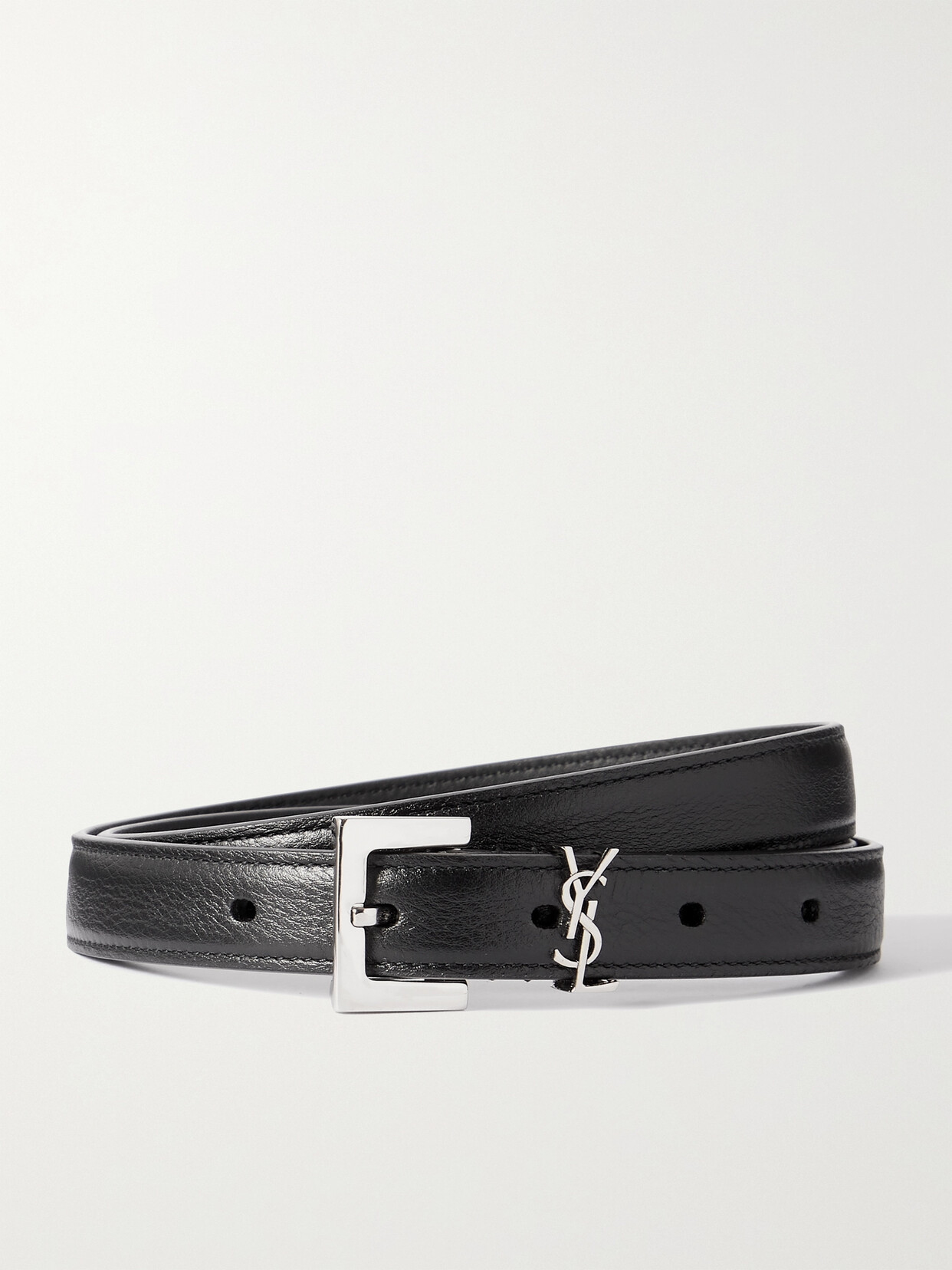 Shop Saint Laurent Cassandre Leather Belt In Black