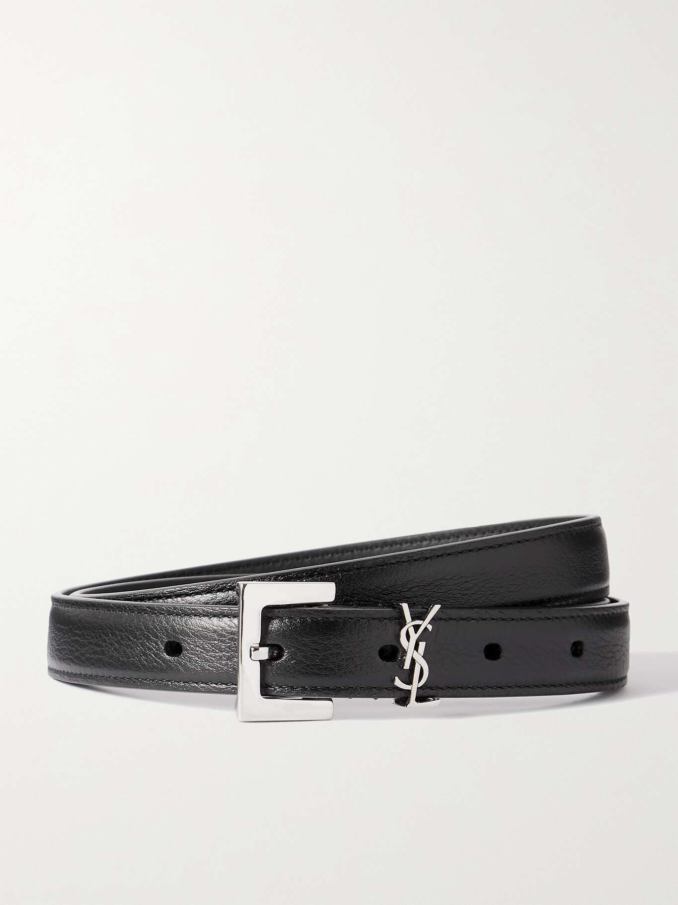SAINT LAURENT leather YSL logo Cassandra belt GRZ634437 Black Silver Metal 70
