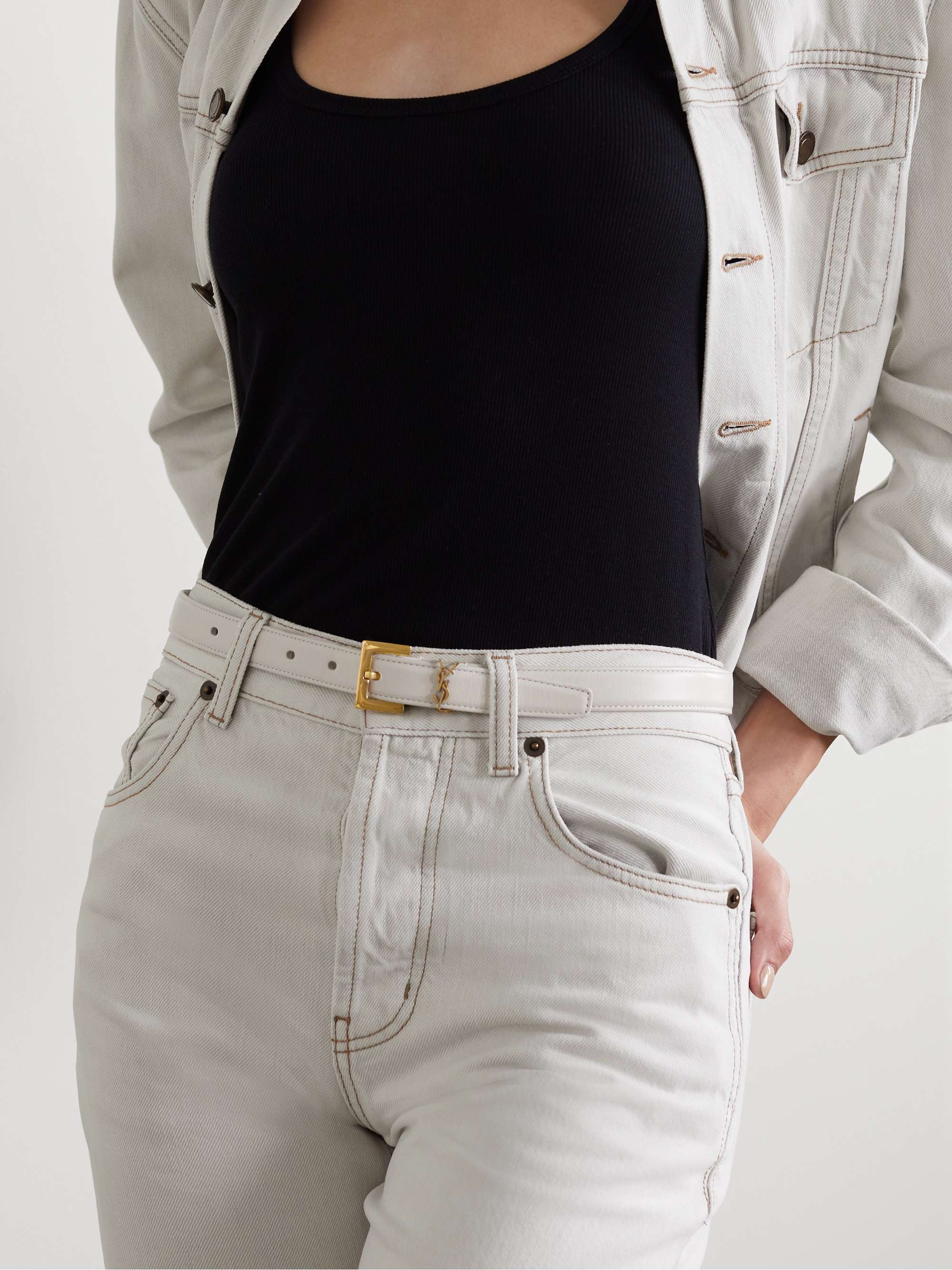 Cassandre Slim Leather Belt in White - Saint Laurent