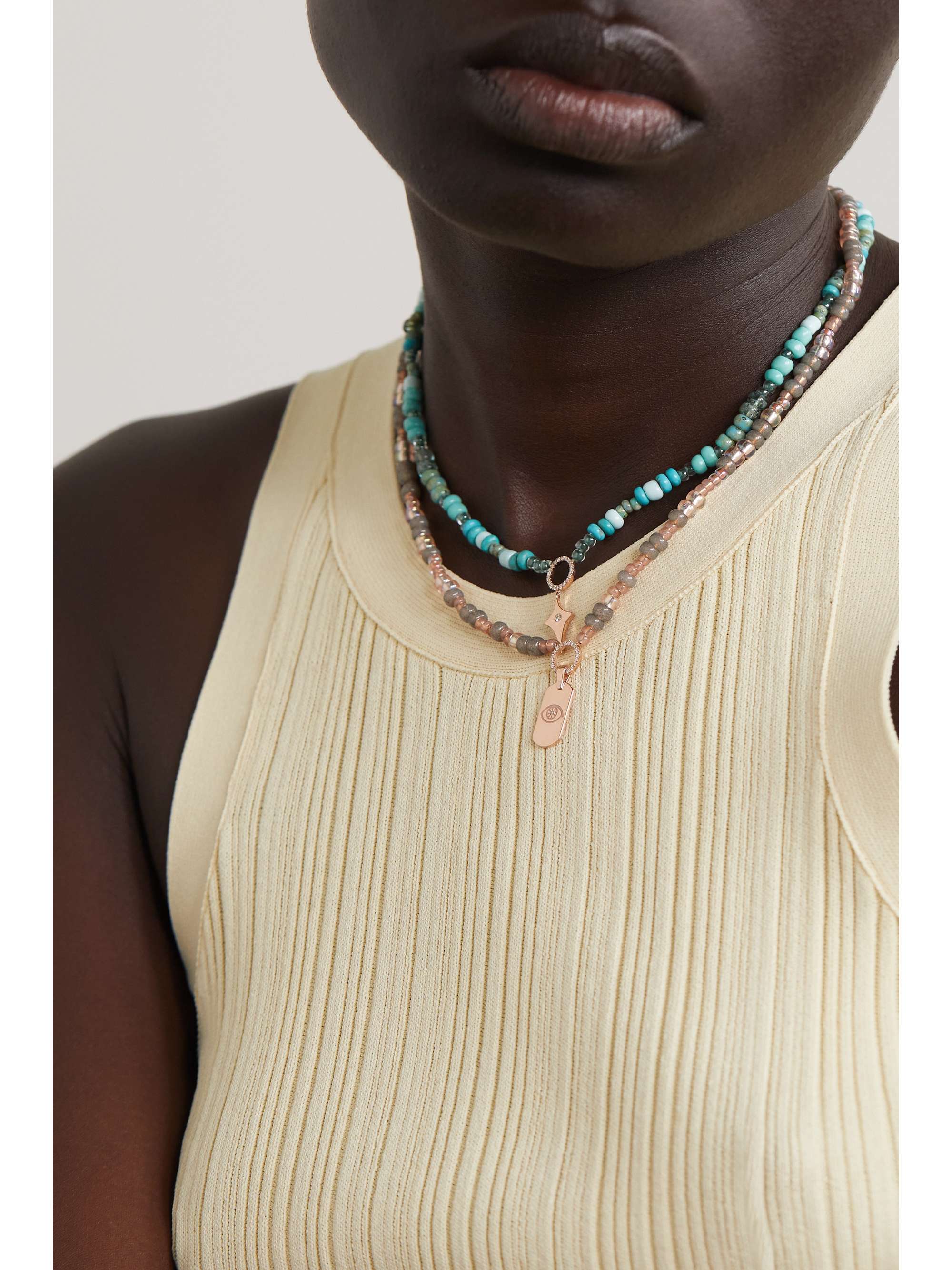 DIANE KORDAS Evil Eye 14-karat rose gold, bead and diamond necklace