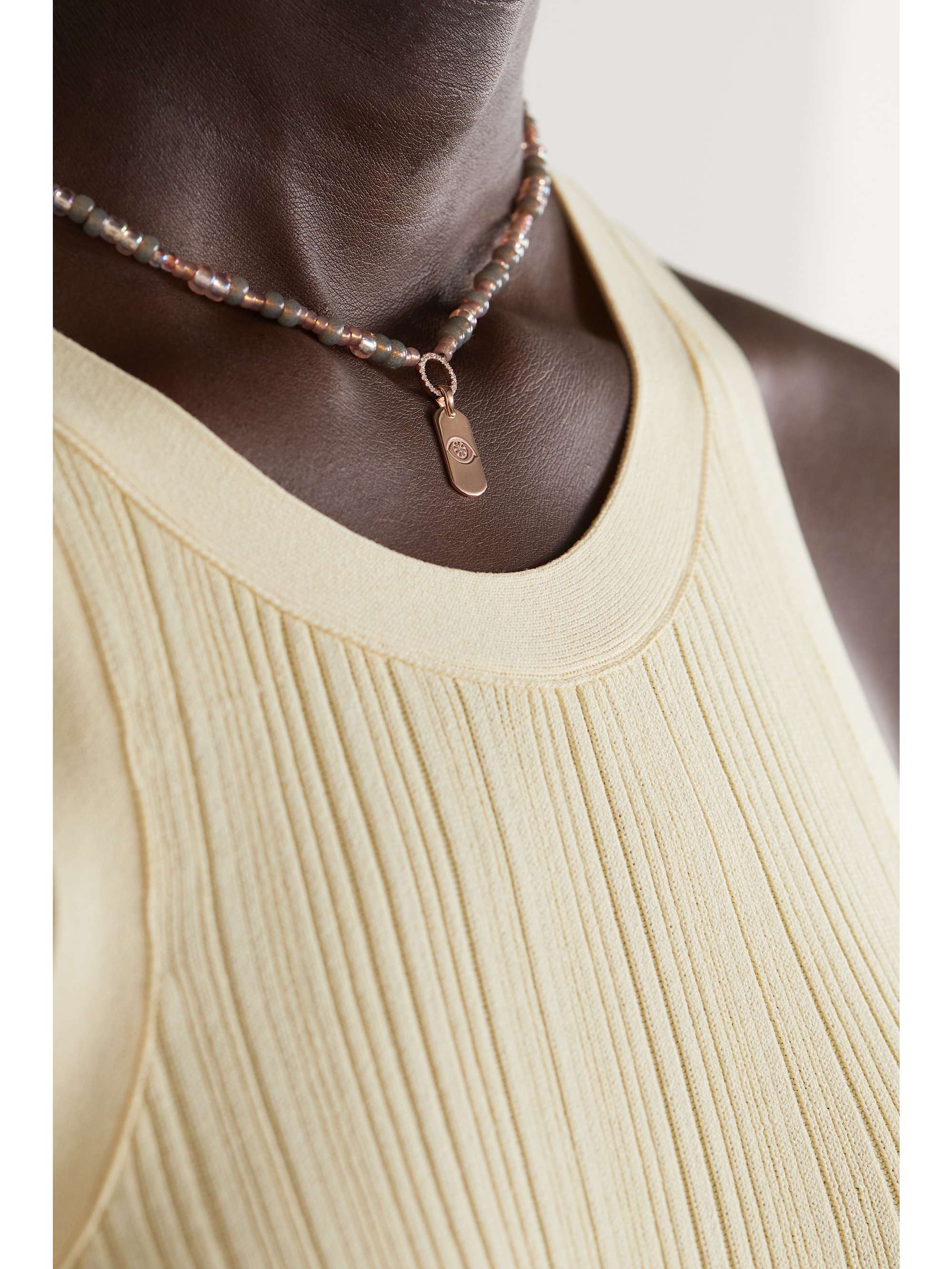 ID 14 karat rose gold bead and diamond necklace