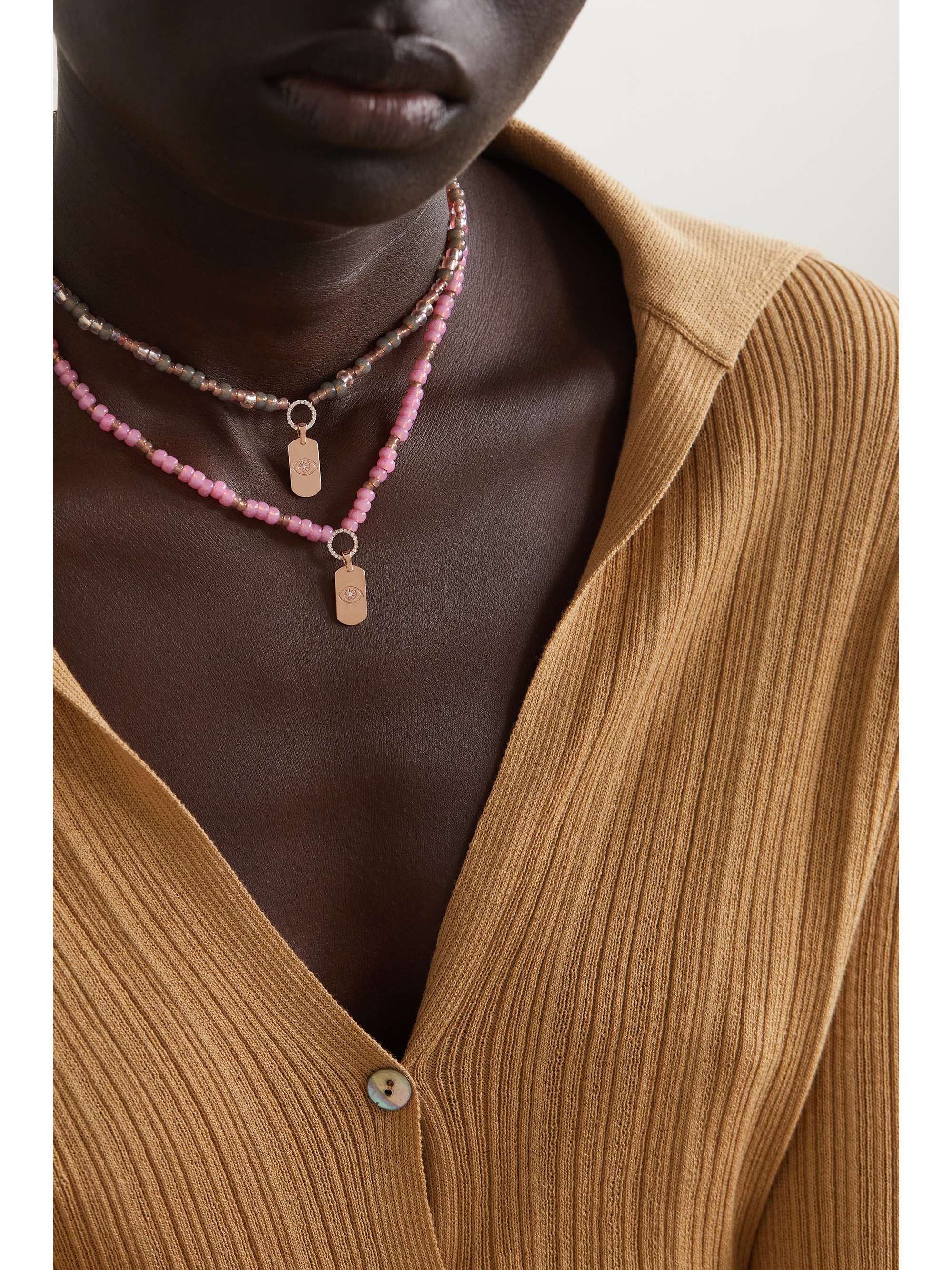 DIANE KORDAS Evil Eye 14-karat rose gold, bead and diamond necklace