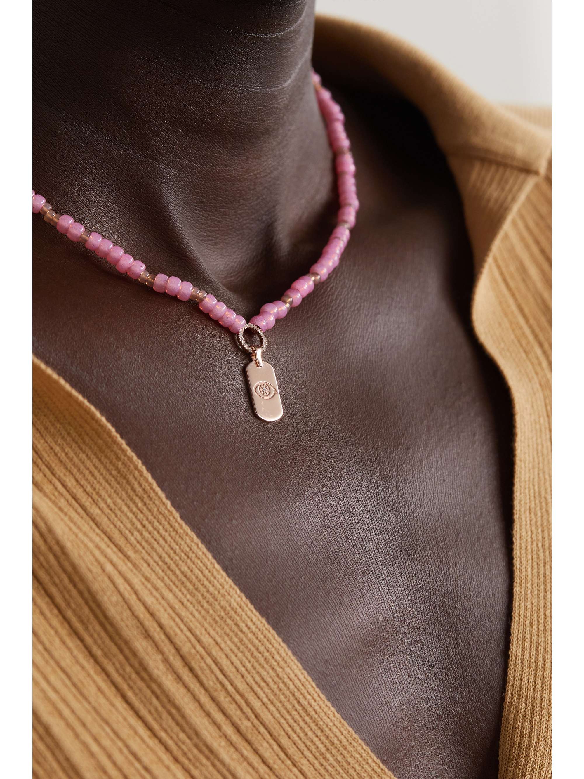 DIANE KORDAS Evil Eye 14-karat rose gold, bead and diamond necklace