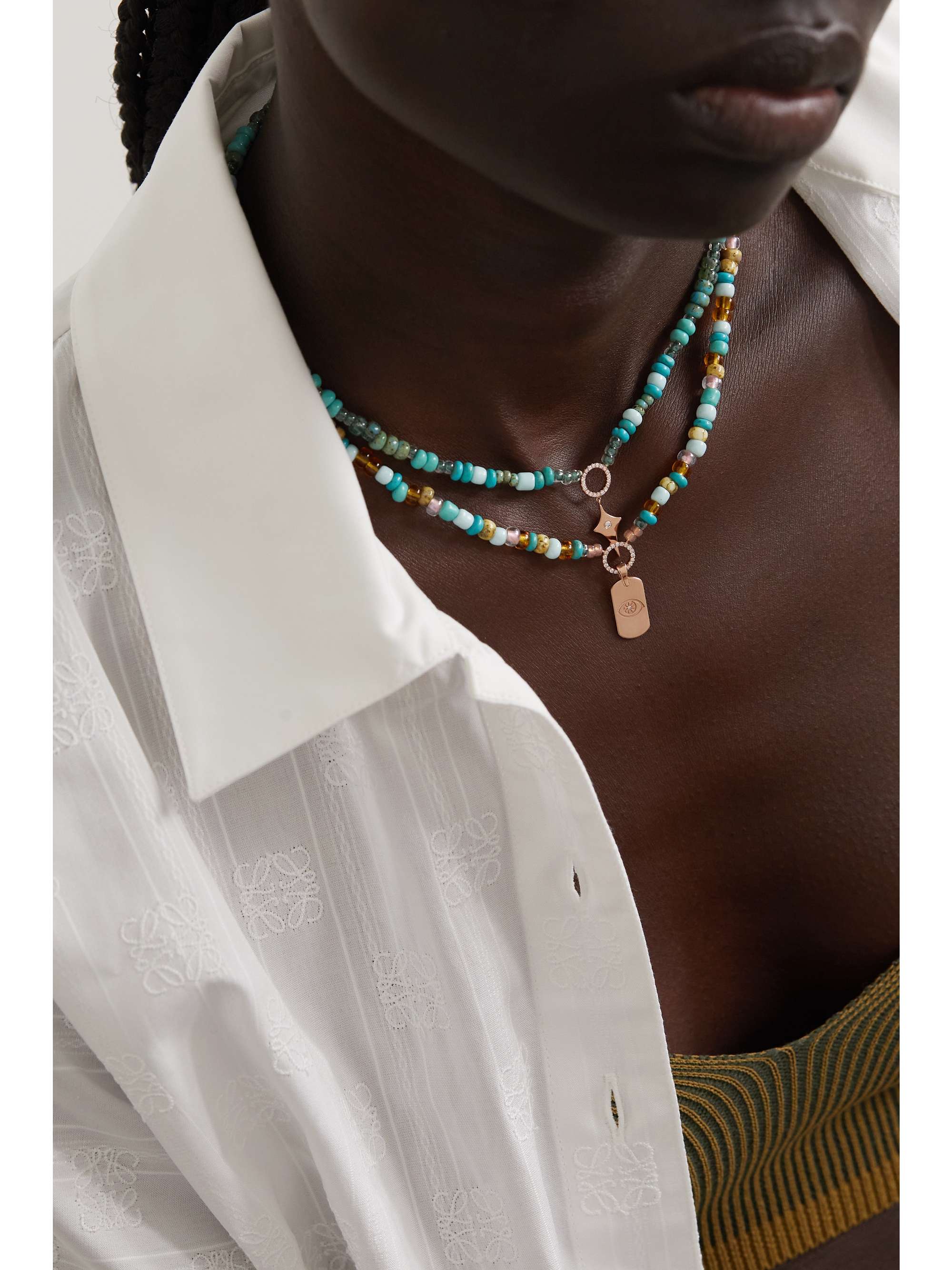 DIANE KORDAS Evil Eye 14-karat rose gold, bead and diamond necklace